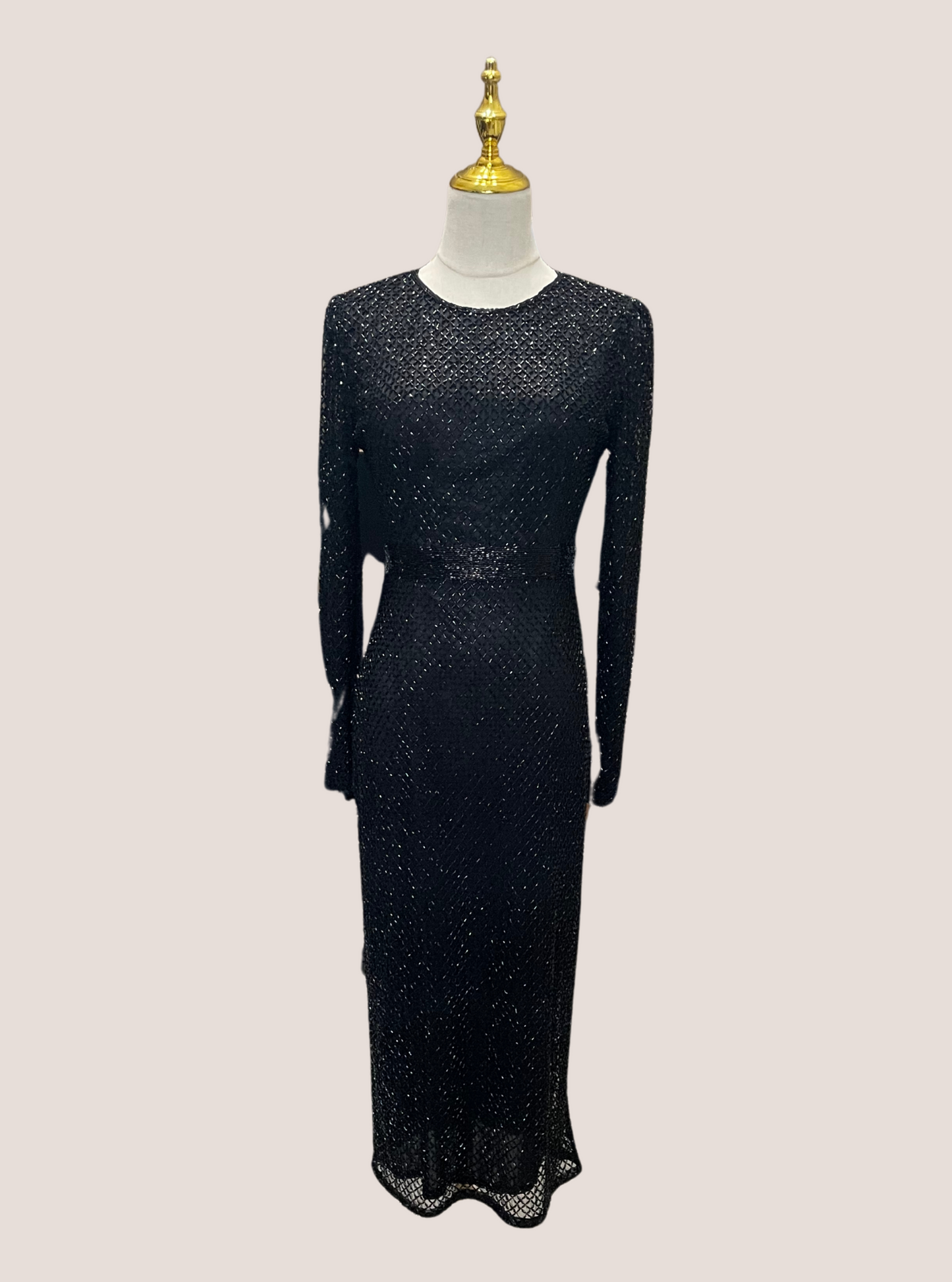 Long Sleeve Lattice Beaded Midi Cocktail Dress