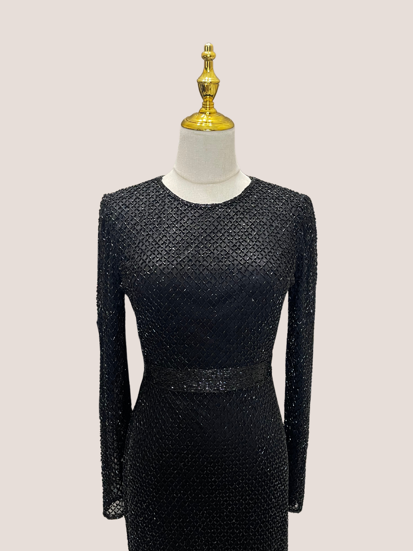 Long Sleeve Lattice Beaded Midi Cocktail Dress