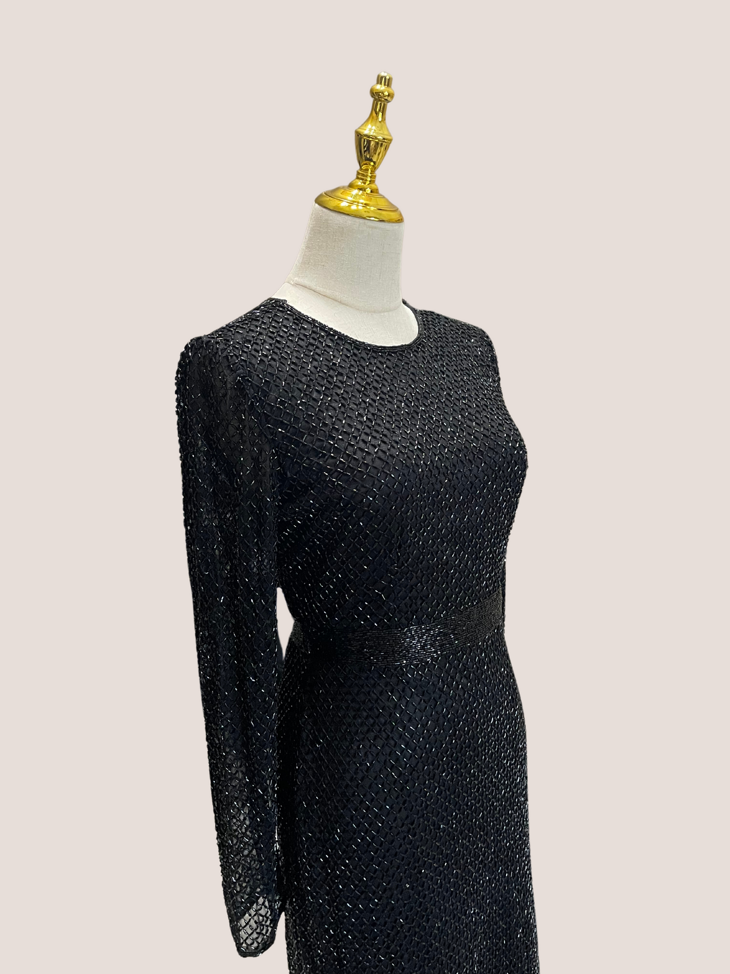 Long Sleeve Lattice Beaded Midi Cocktail Dress