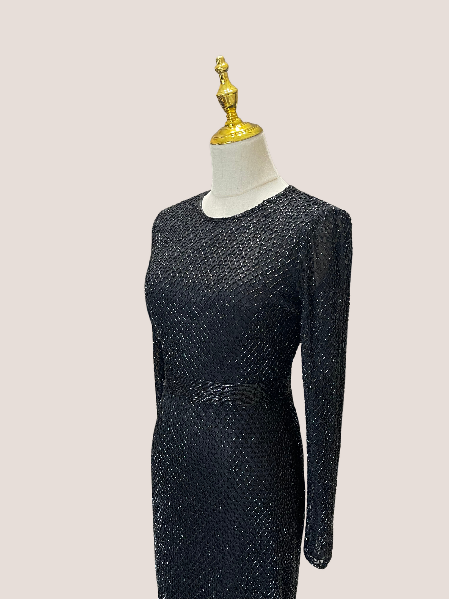 Long Sleeve Lattice Beaded Midi Cocktail Dress