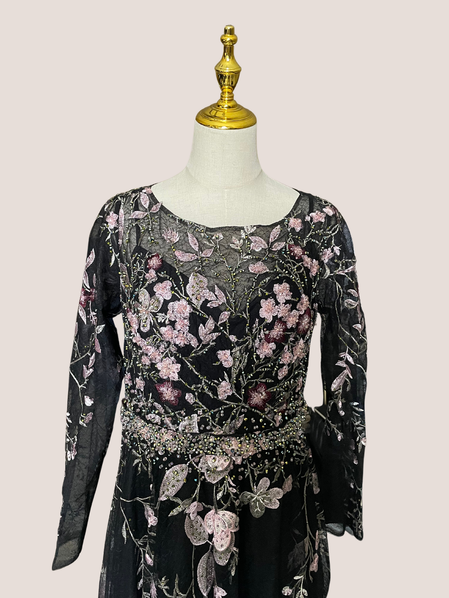 High Neck Long Sleeve Embroidered Dress