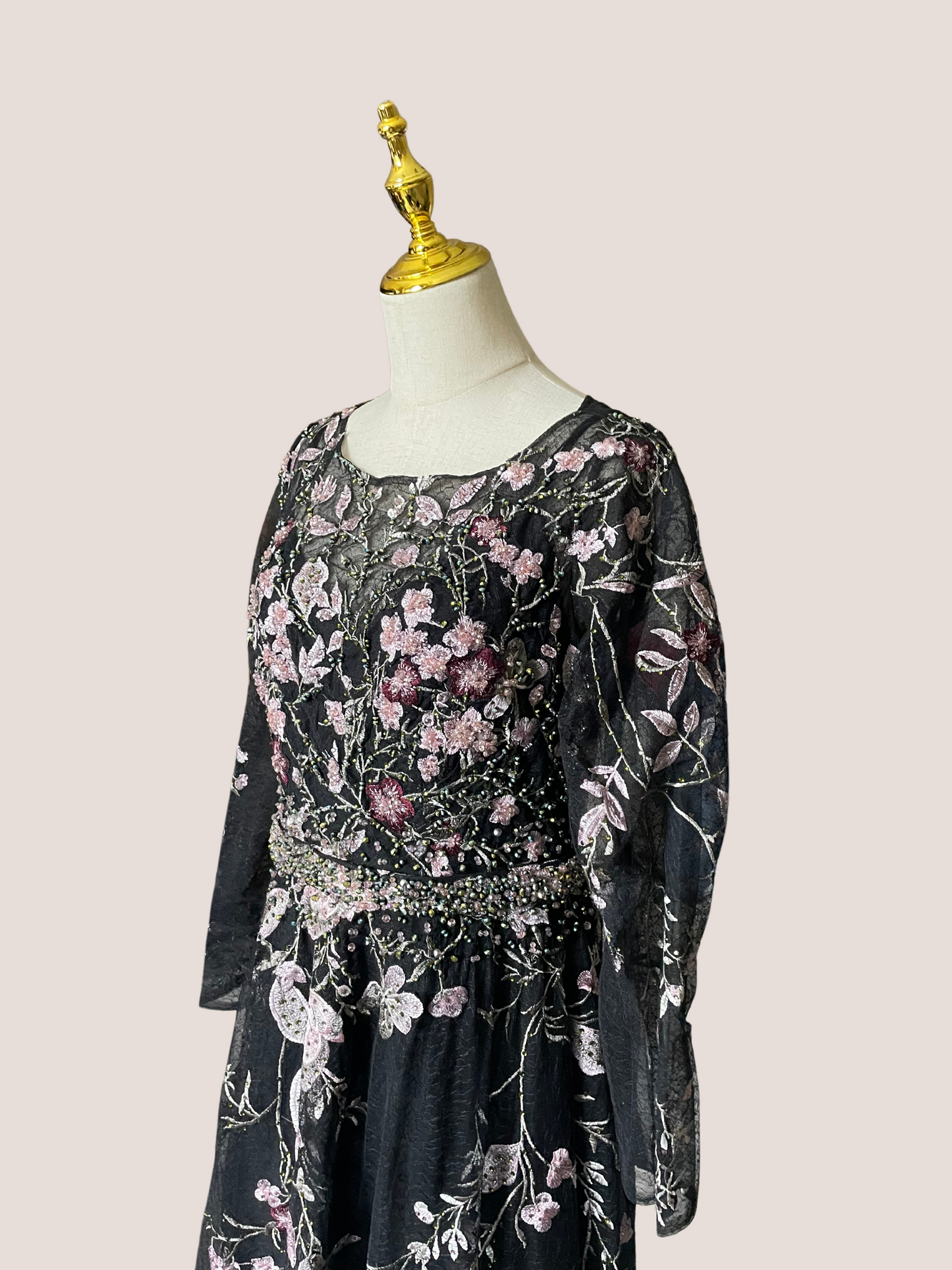 High Neck Long Sleeve Embroidered Dress