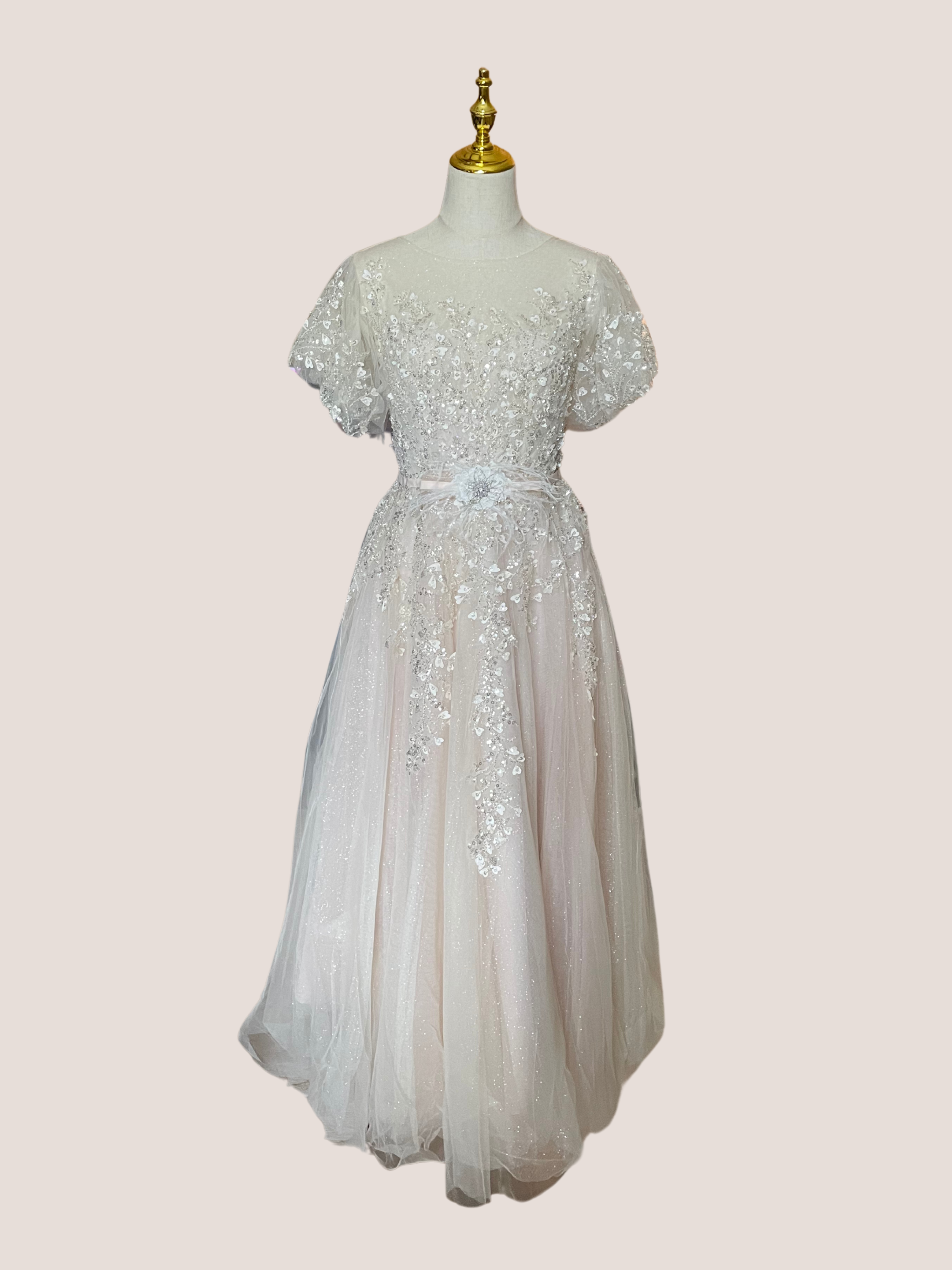 embellished flutter sleeve bow waist a line dress Embellished Chiffon Flutter Sleeve A-line Gown by Juliet JTM14F
