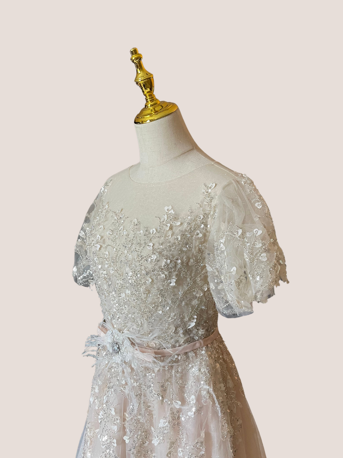 Embellished Flutter Sleeve Bow Waist A Line Dress