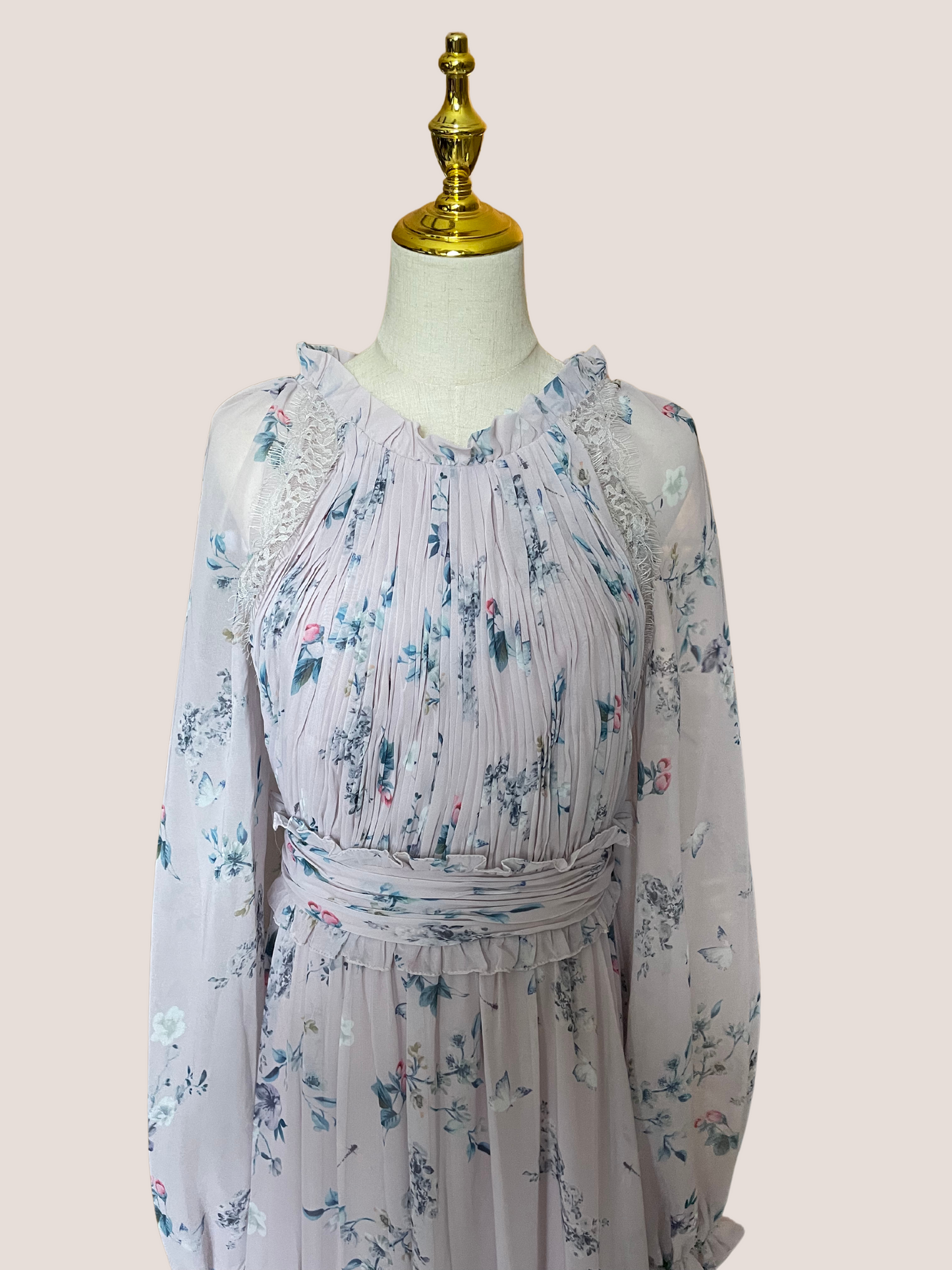 Floral Print Runched Raglan Sleeve Tiered Gown