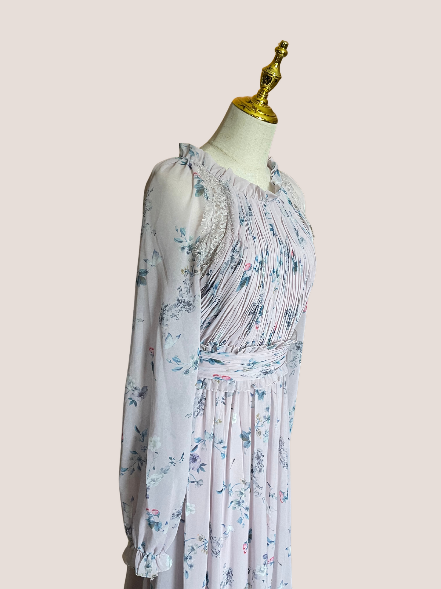 Floral Print Runched Raglan Sleeve Tiered Gown