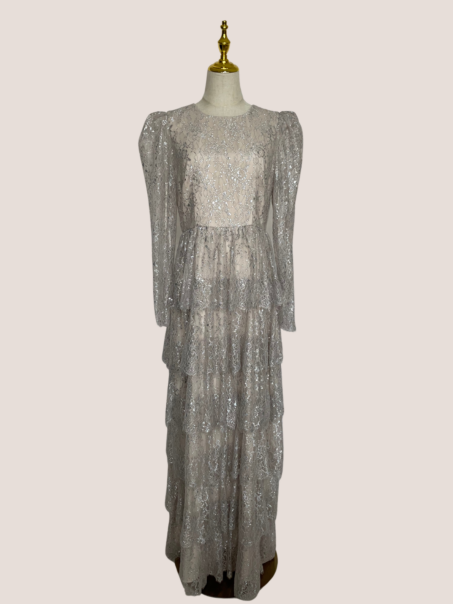 Metallic Lace Long Sleeve Tiered Ruffle Maxi Dress