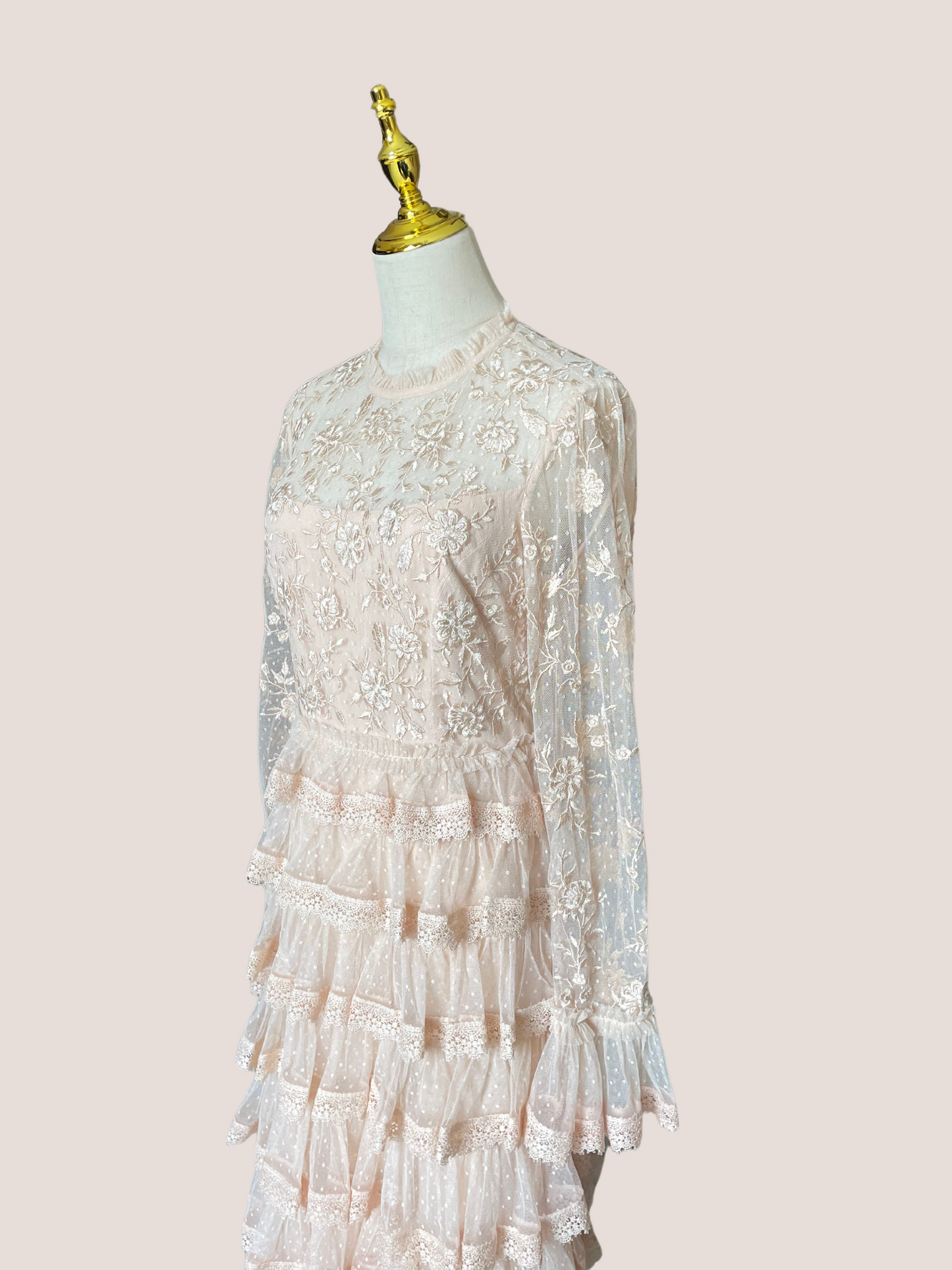 Embroidered Long Sleeve Ruffled Tiered Gown