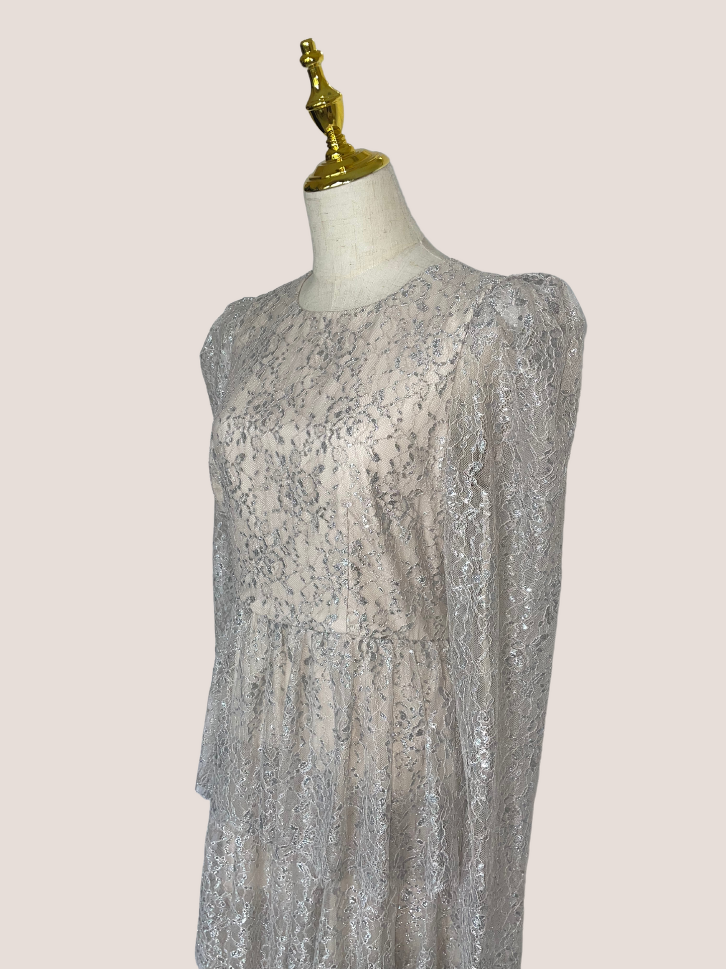 Metallic Lace Long Sleeve Tiered Ruffle Maxi Dress