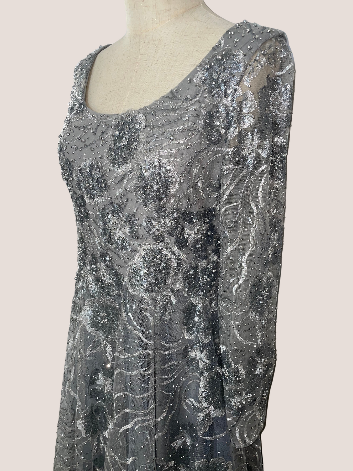 Jewel Encrusted Long Sleeve Square Neck Gown