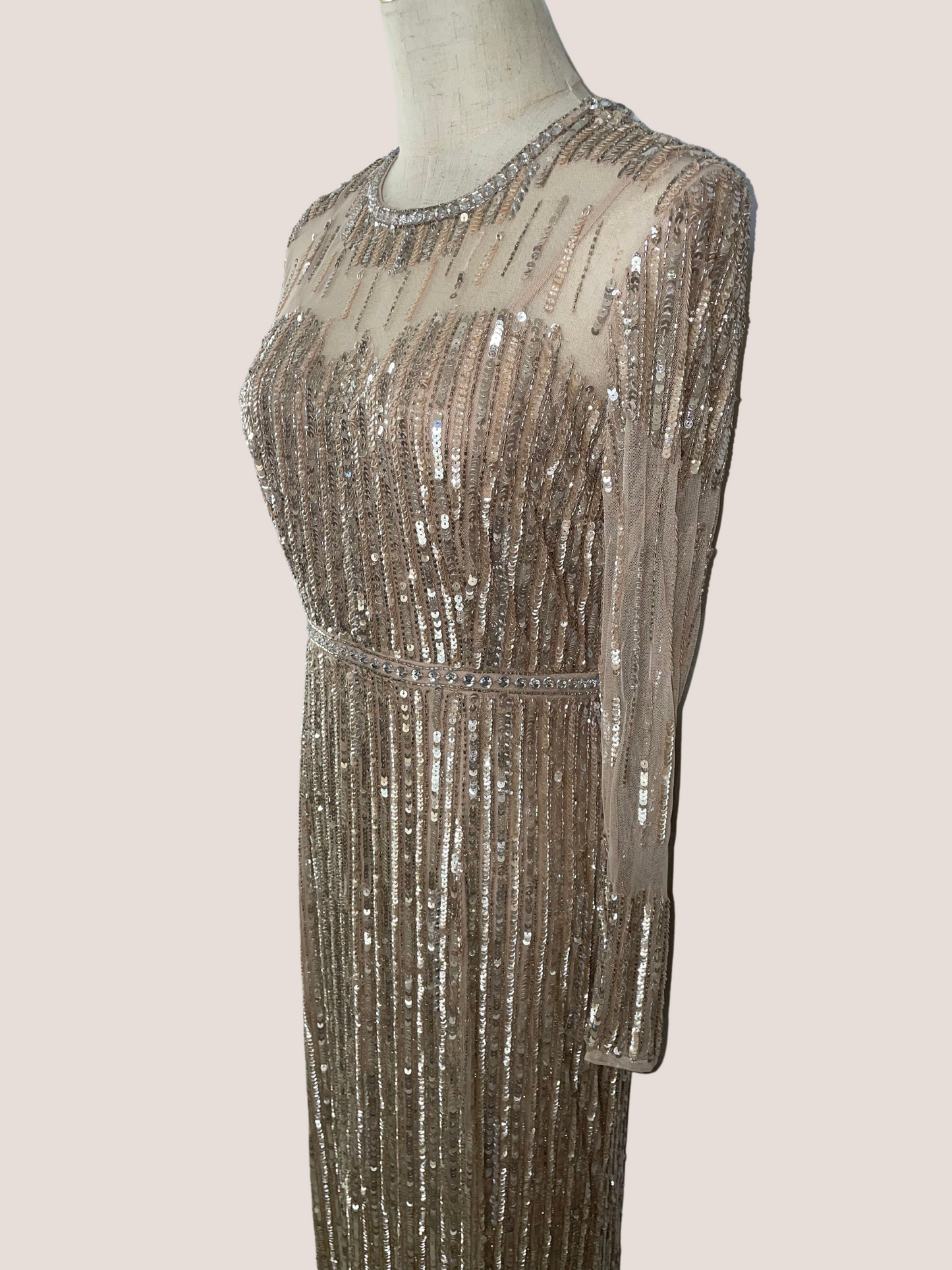 Sequined Illusion High-Neck Long Sleeve Trumpet Gown