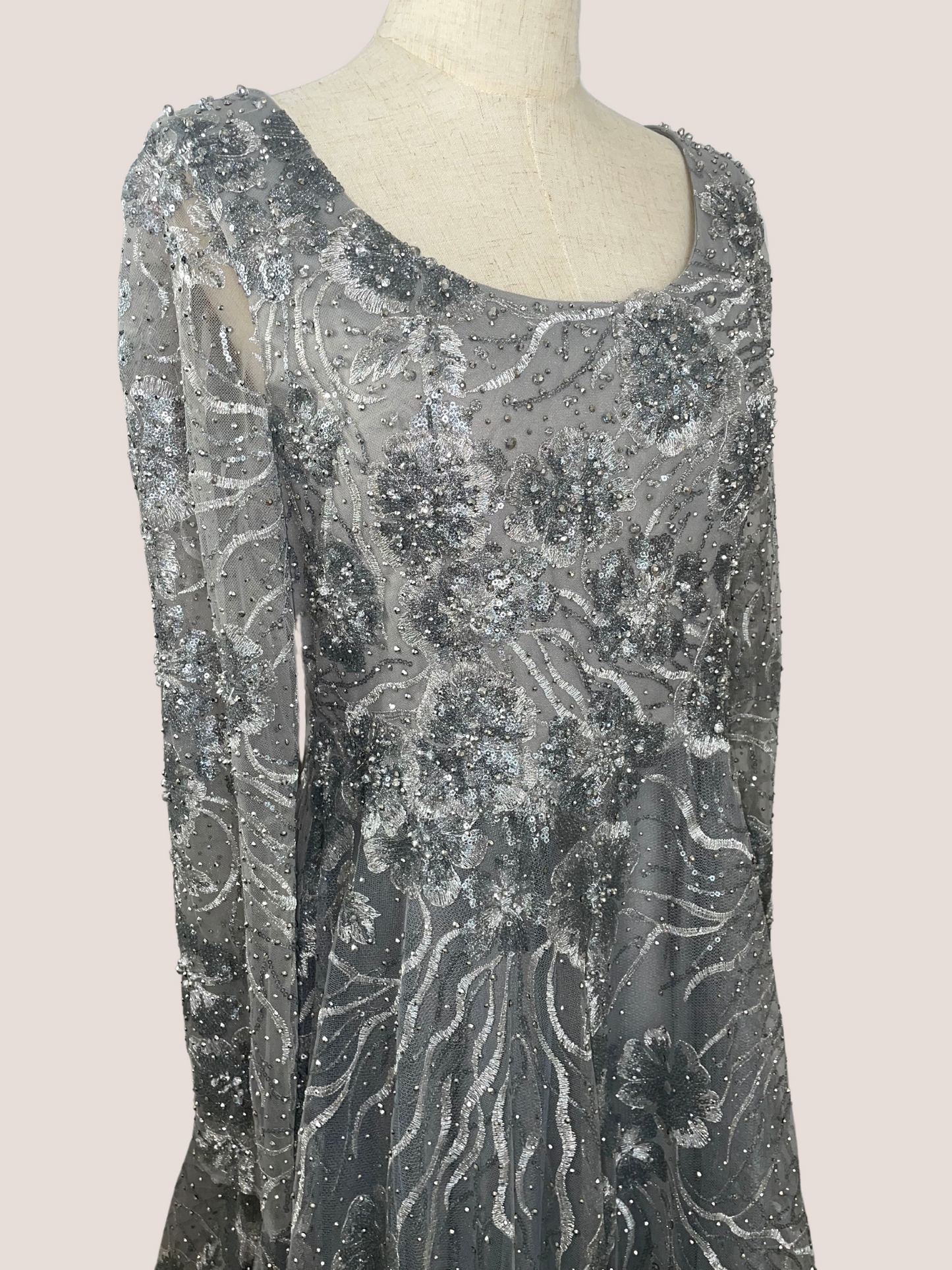 Jewel Encrusted Long Sleeve Square Neck Gown