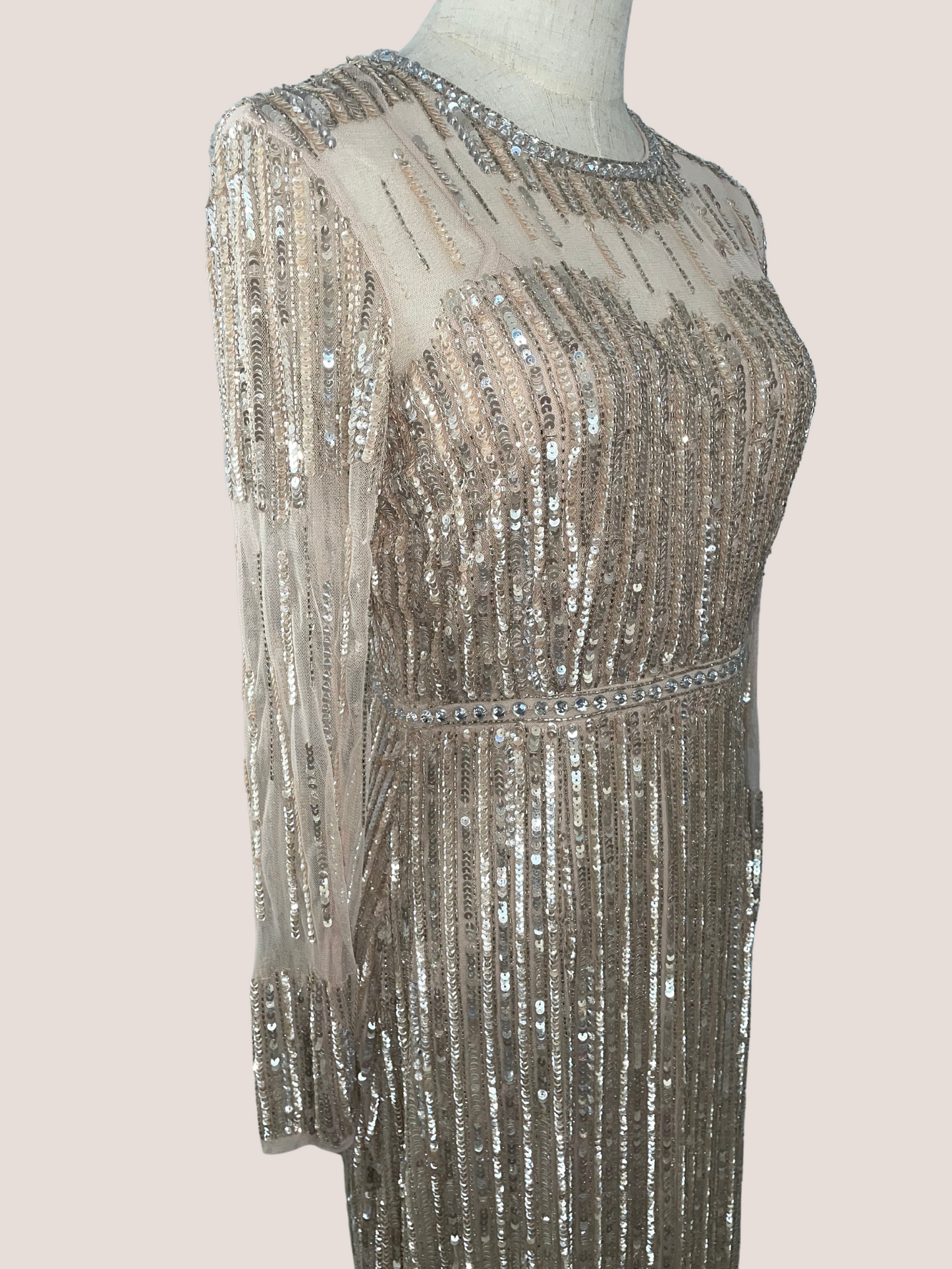 Sequined Illusion High-Neck Long Sleeve Trumpet Gown