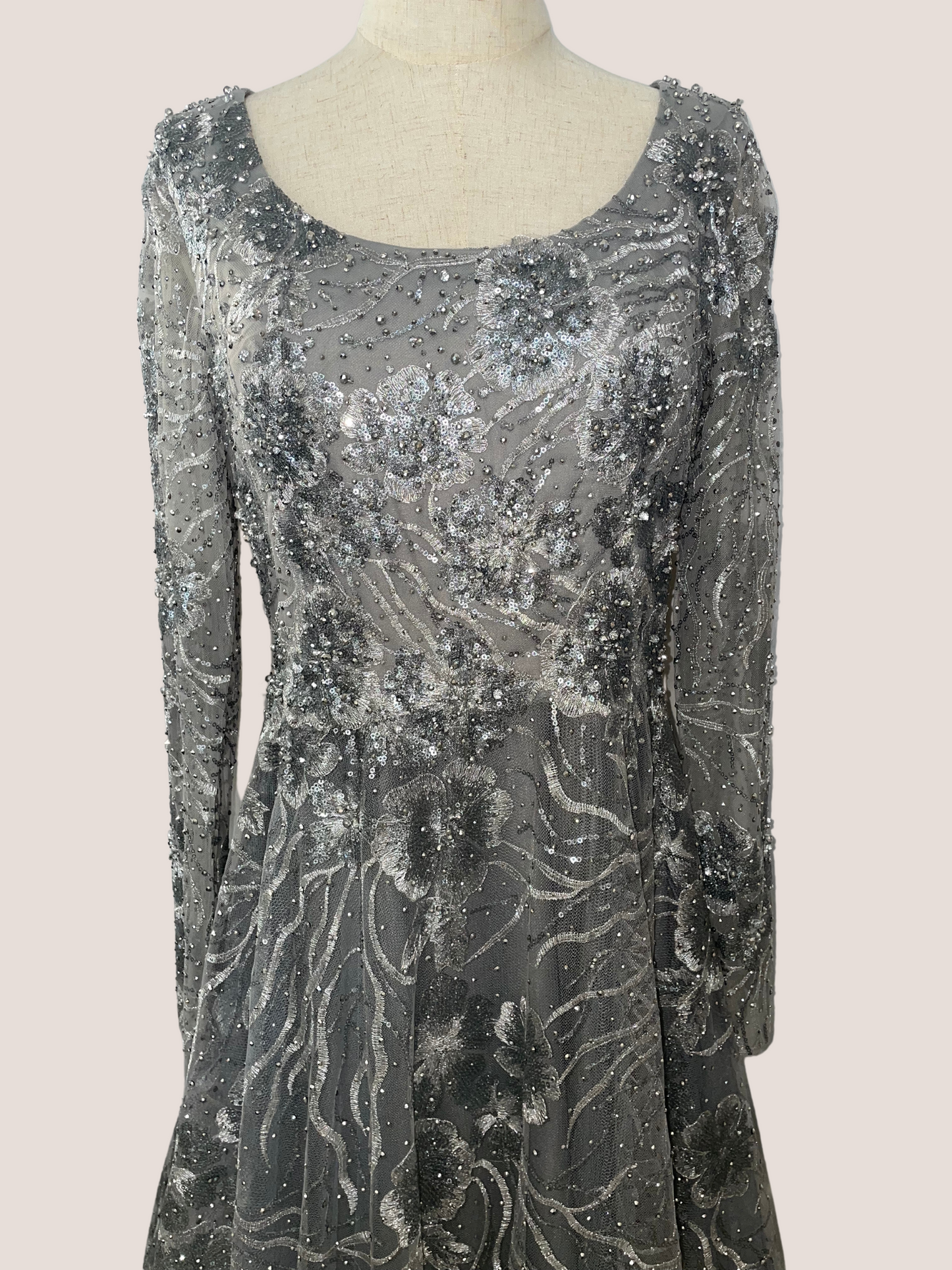 Jewel Encrusted Long Sleeve Square Neck Gown