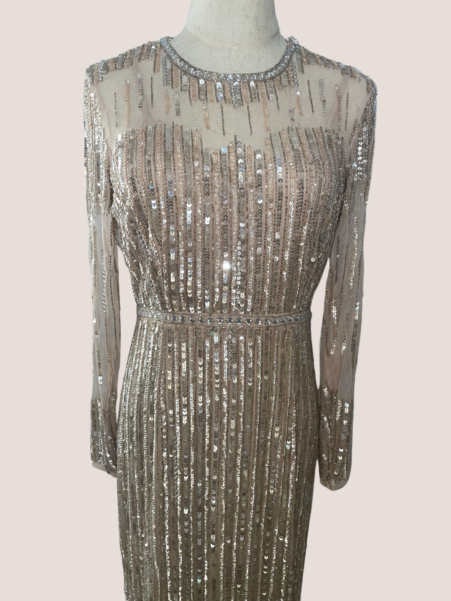 Sequined Illusion High-Neck Long Sleeve Trumpet Gown