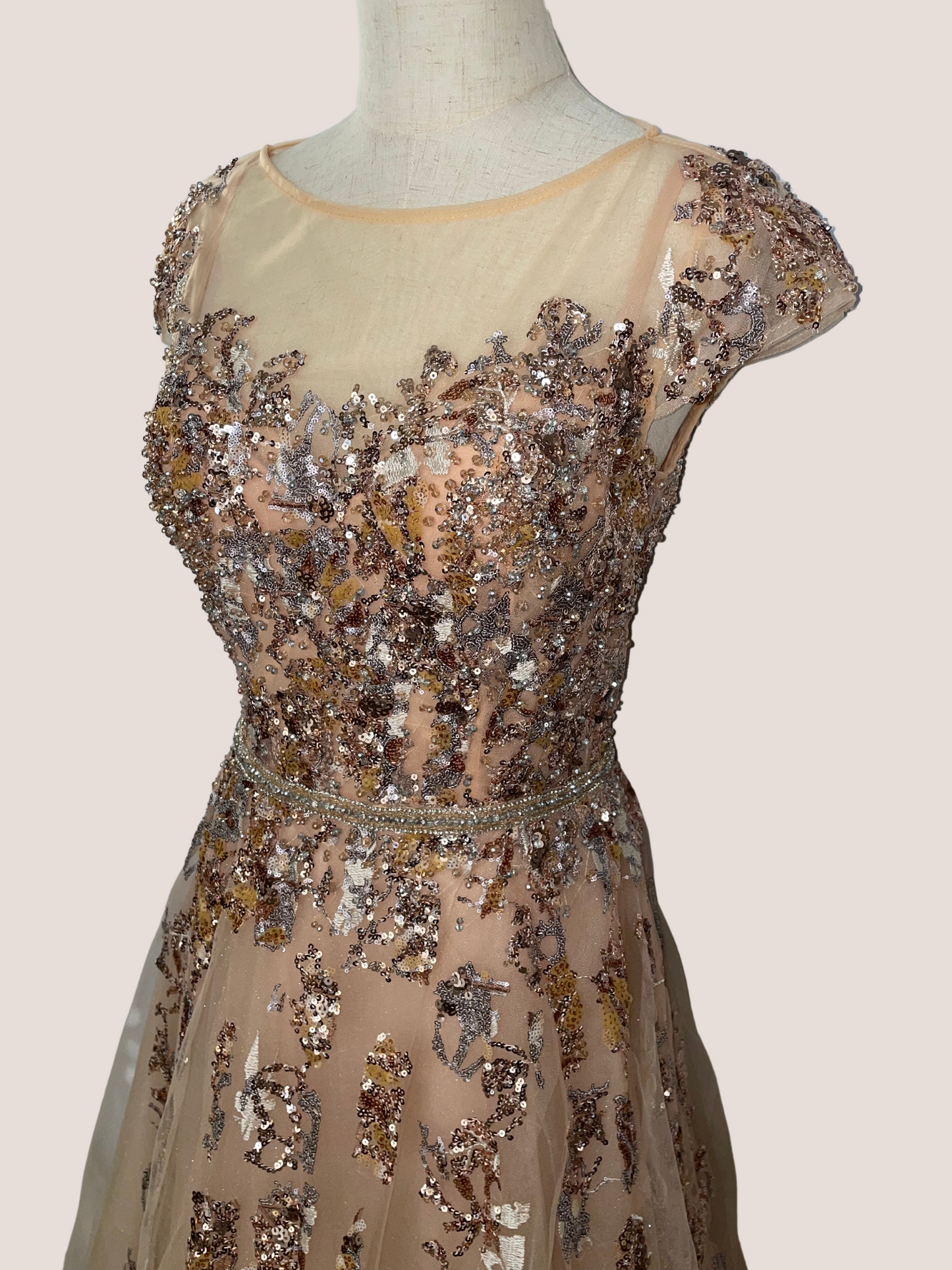 Embellished Cap Sleeve Cutout Back Gown