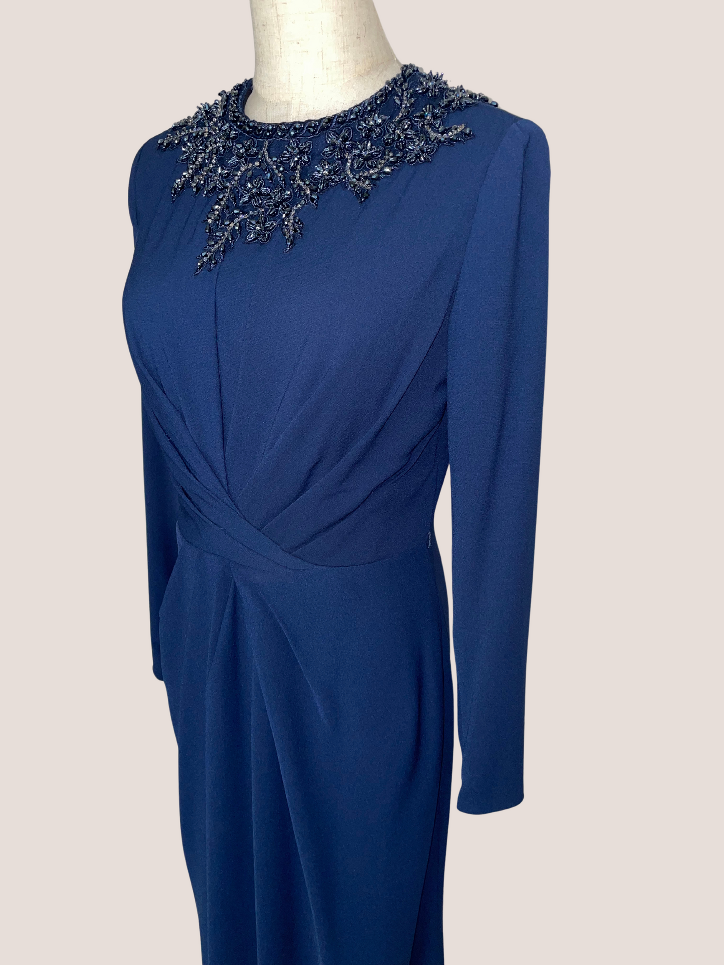 Beaded High Neck Front Twist Long Sleeve Trumpet Gown