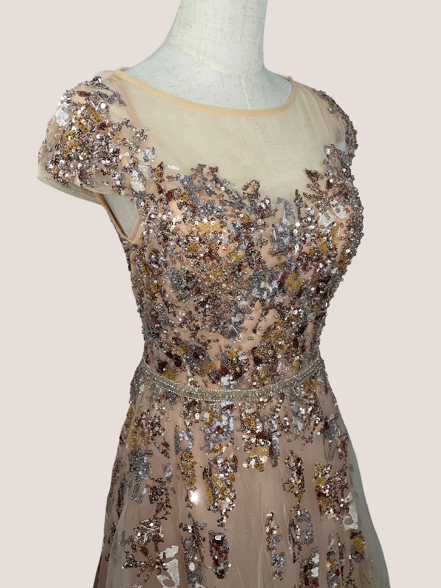 Embellished Cap Sleeve Cutout Back Gown