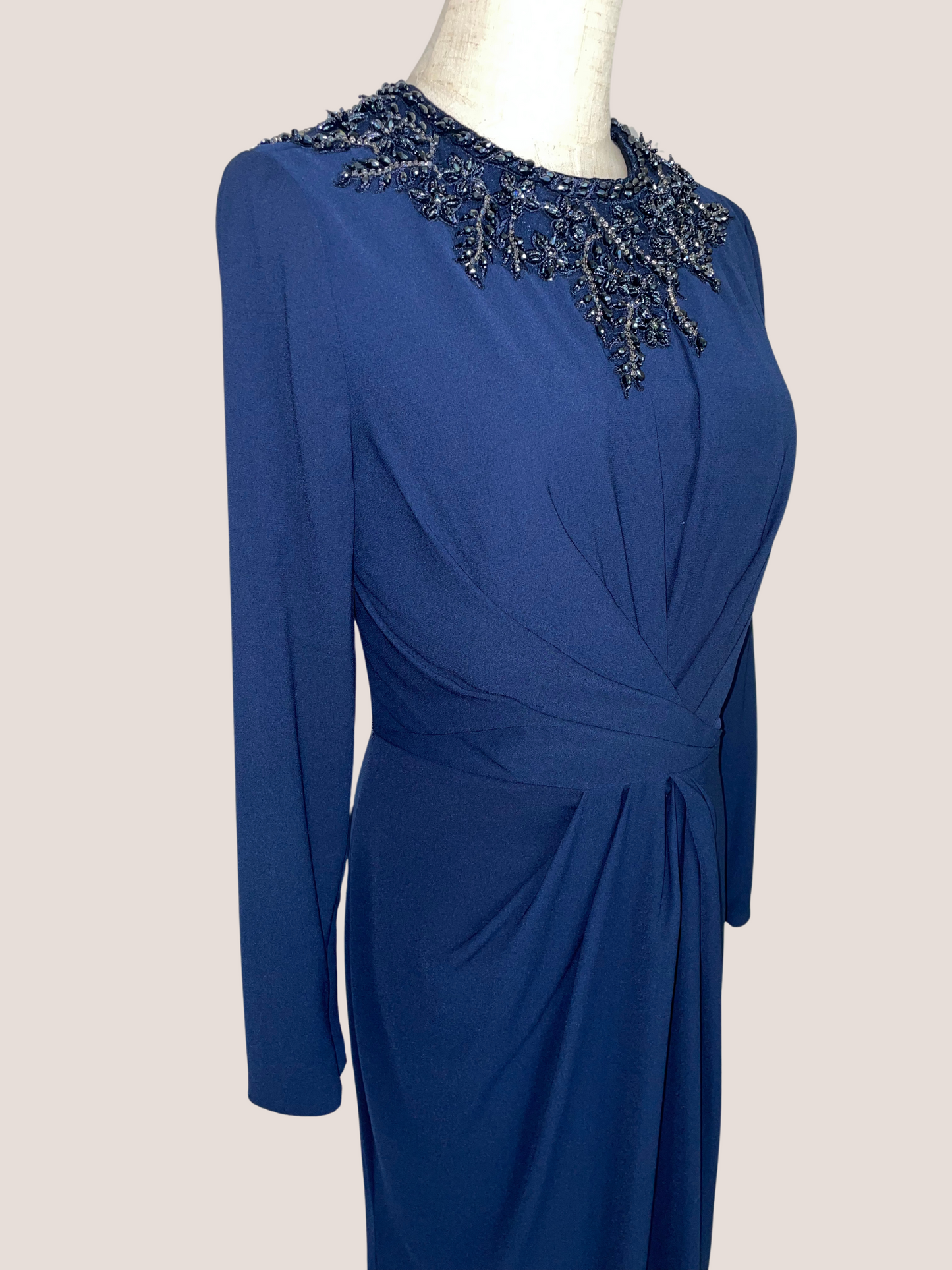 Beaded High Neck Front Twist Long Sleeve Trumpet Gown