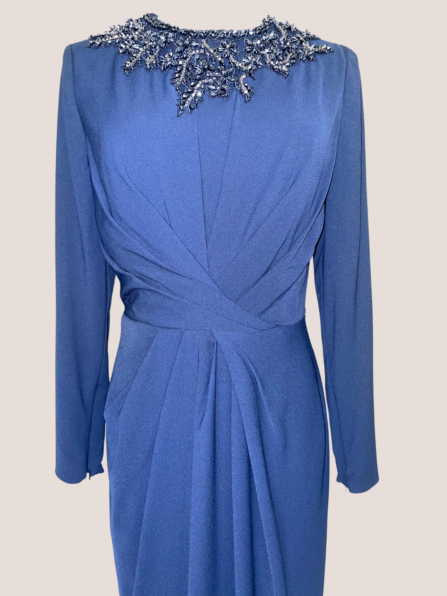 Beaded High Neck Front Twist Long Sleeve Trumpet Gown