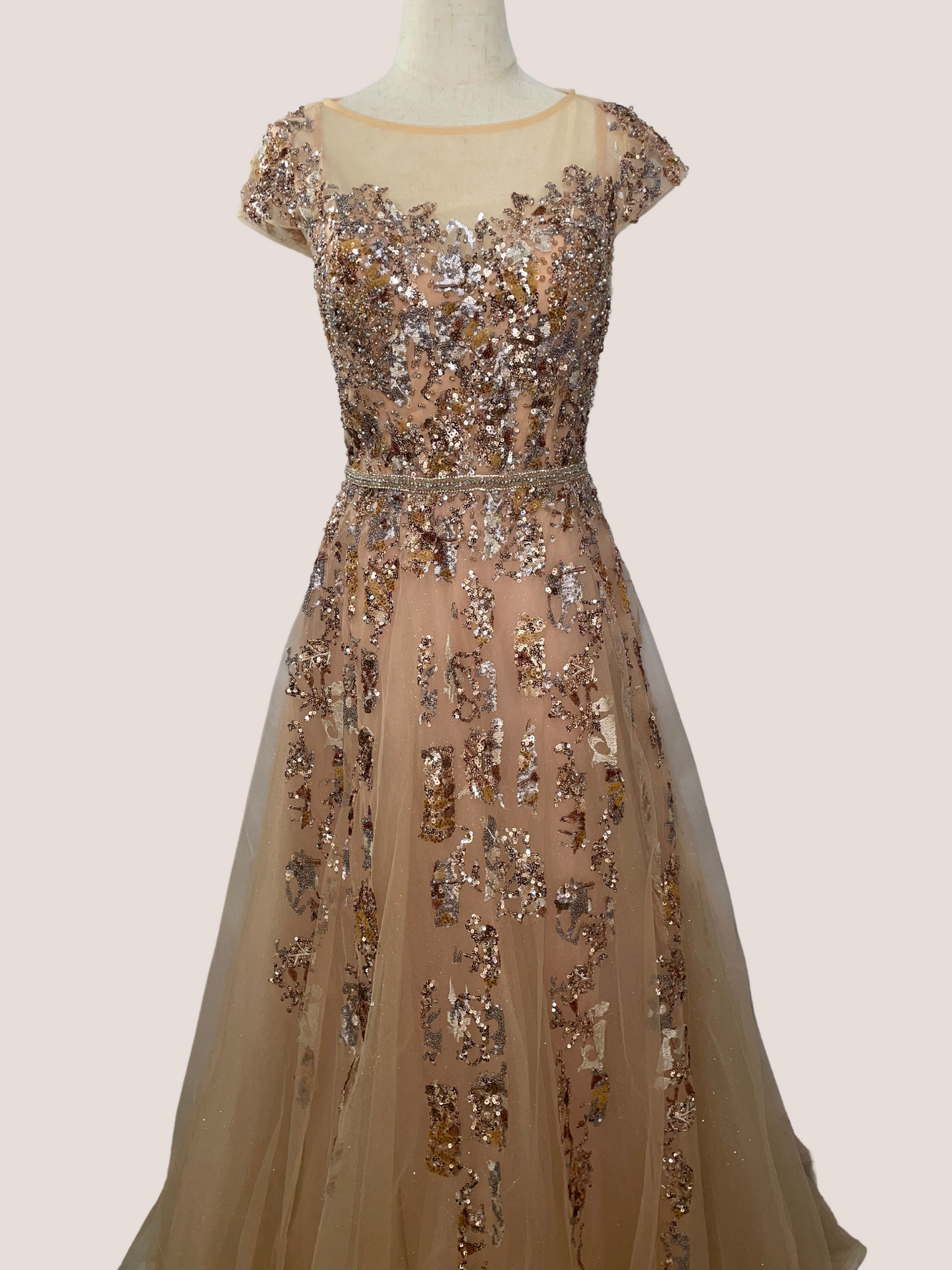 Embellished Cap Sleeve Cutout Back Gown