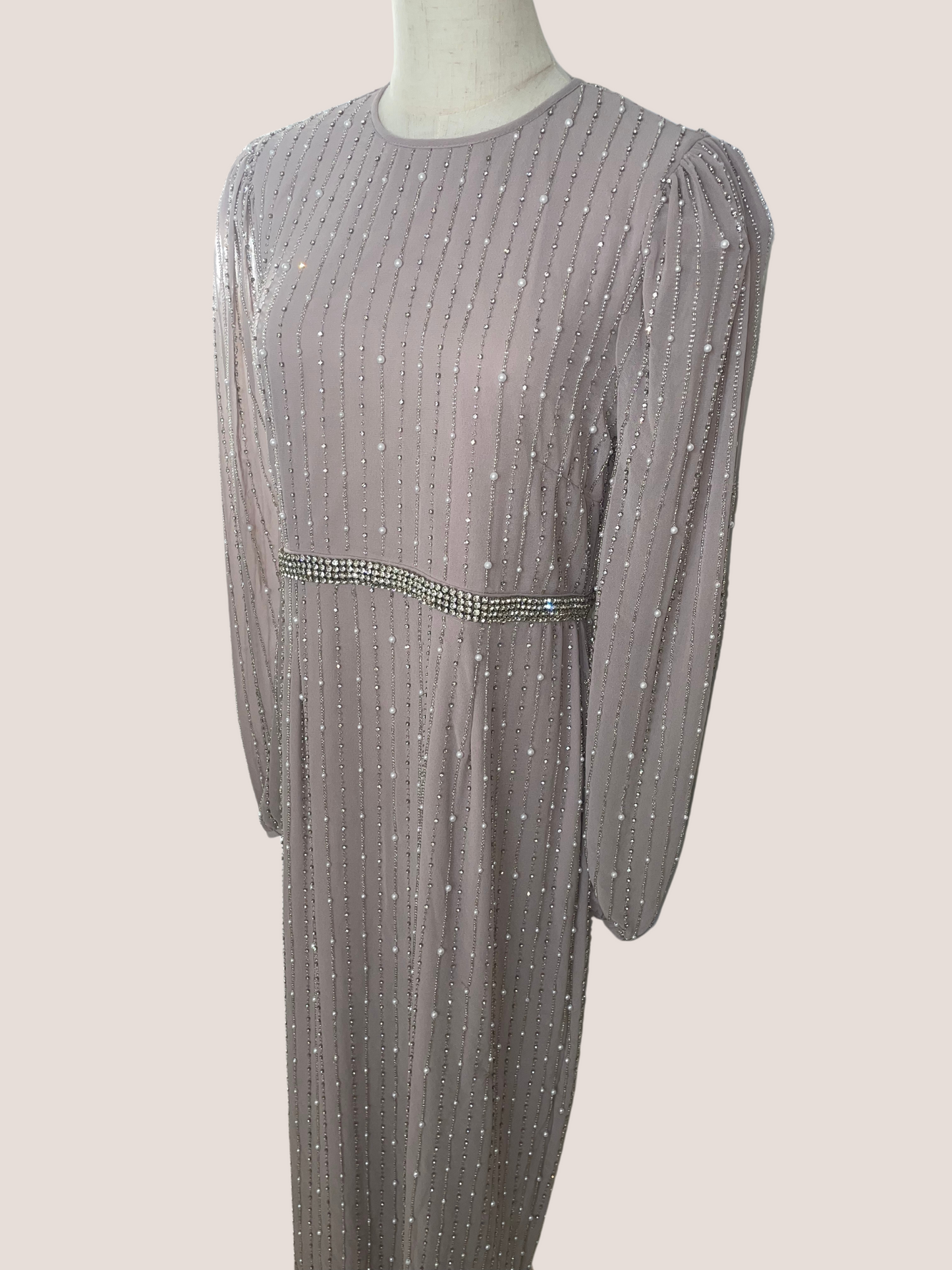 Long Sleeve Puff Sleeve Beaded Midi Dress