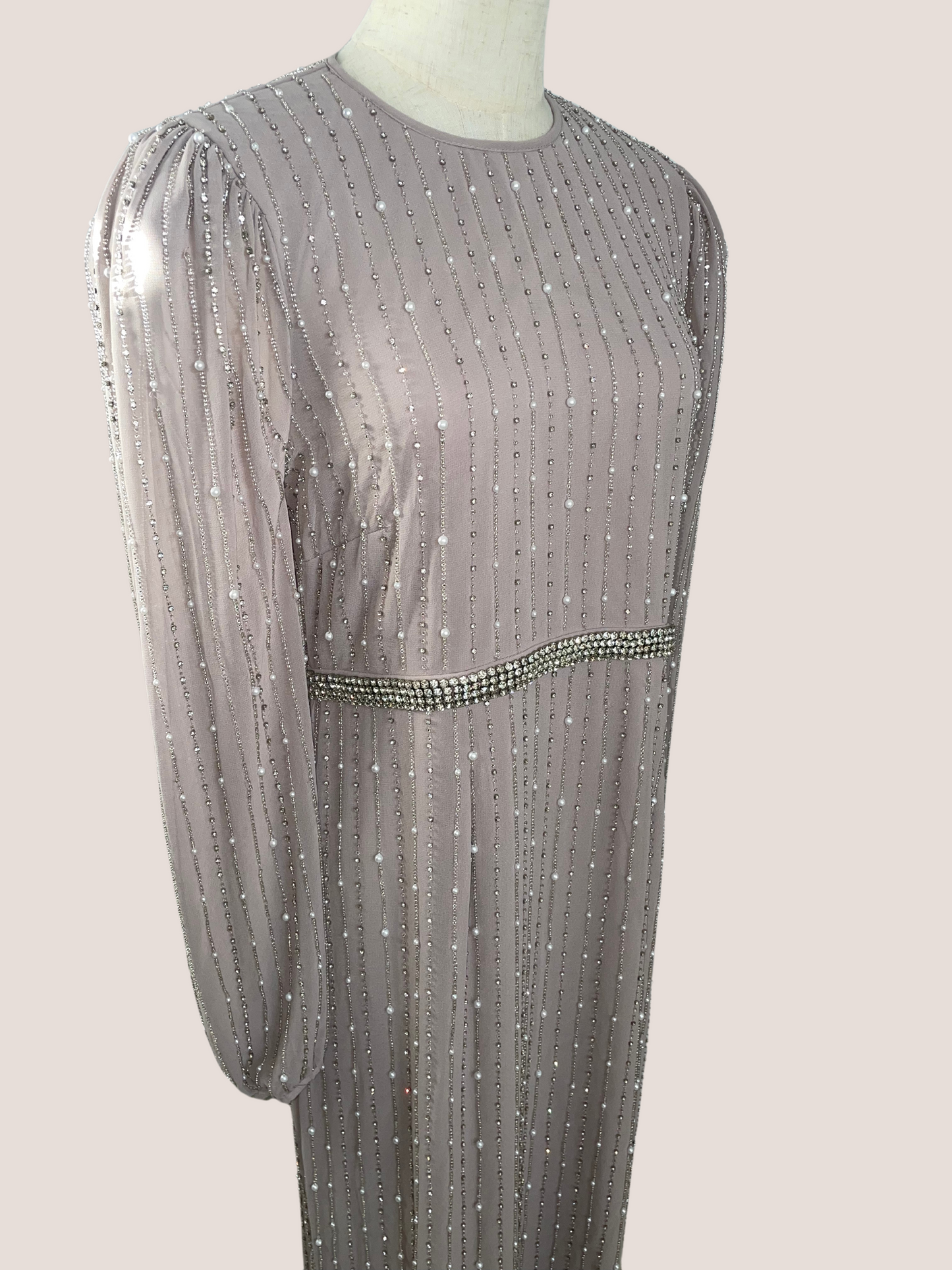 Long Sleeve Puff Sleeve Beaded Midi Dress