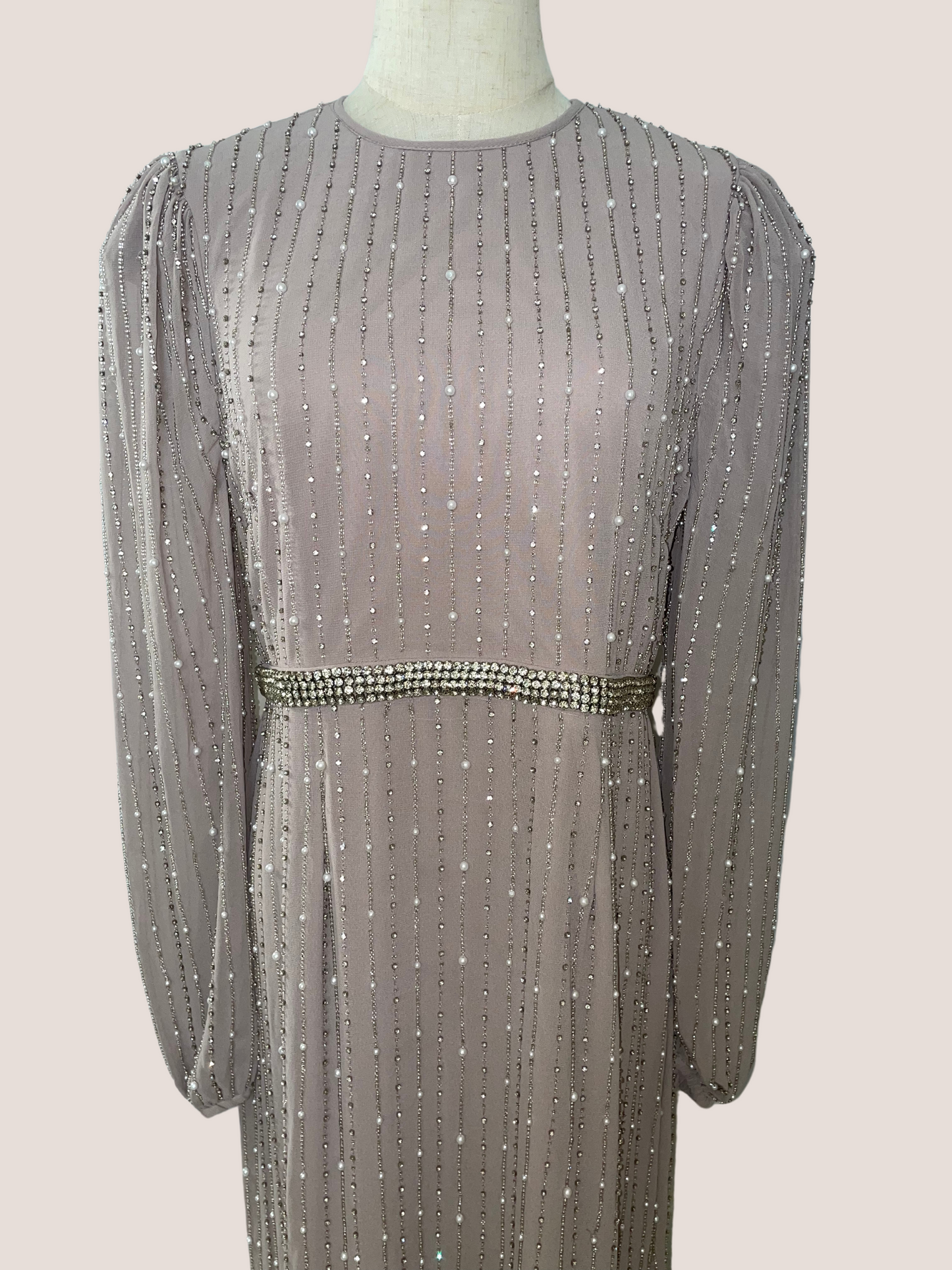 Long Sleeve Puff Sleeve Beaded Midi Dress