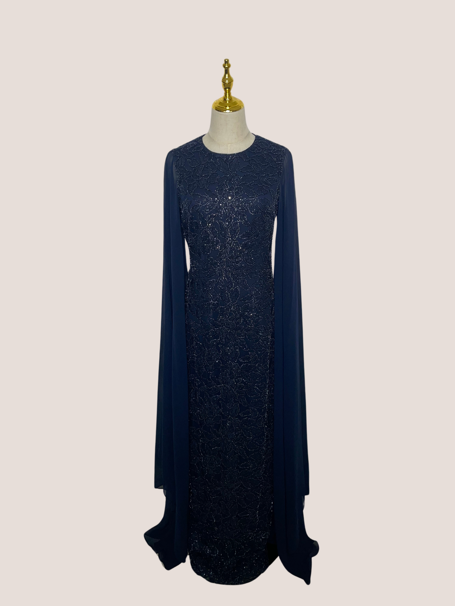 Chiffon Cape Overlay Beaded Gown