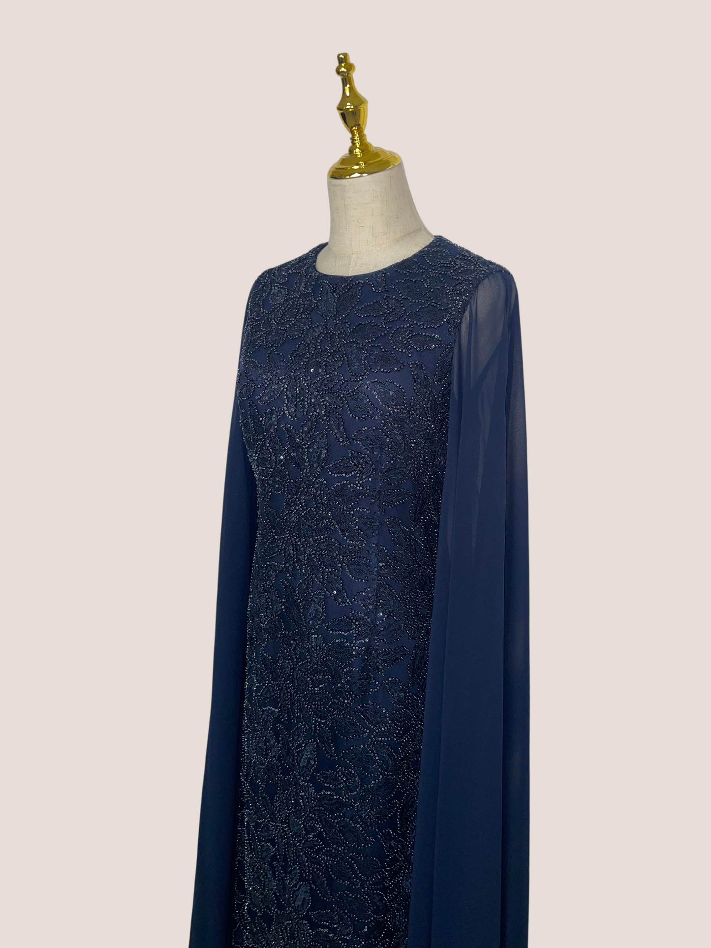 Chiffon Cape Overlay Beaded Gown