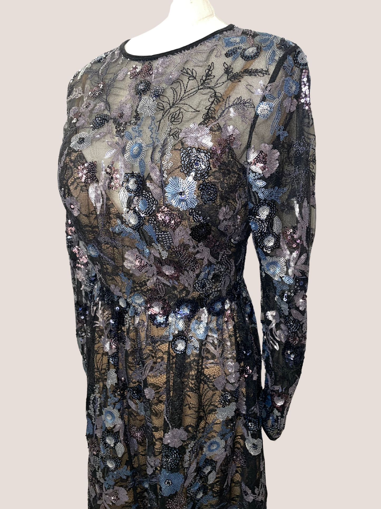 Embellished Illusion Long Sleeve Midi Dress