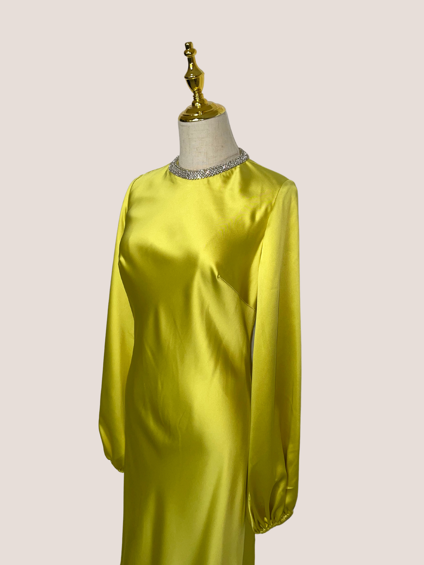 Satin Long Blouson Sleeve Evening Gown