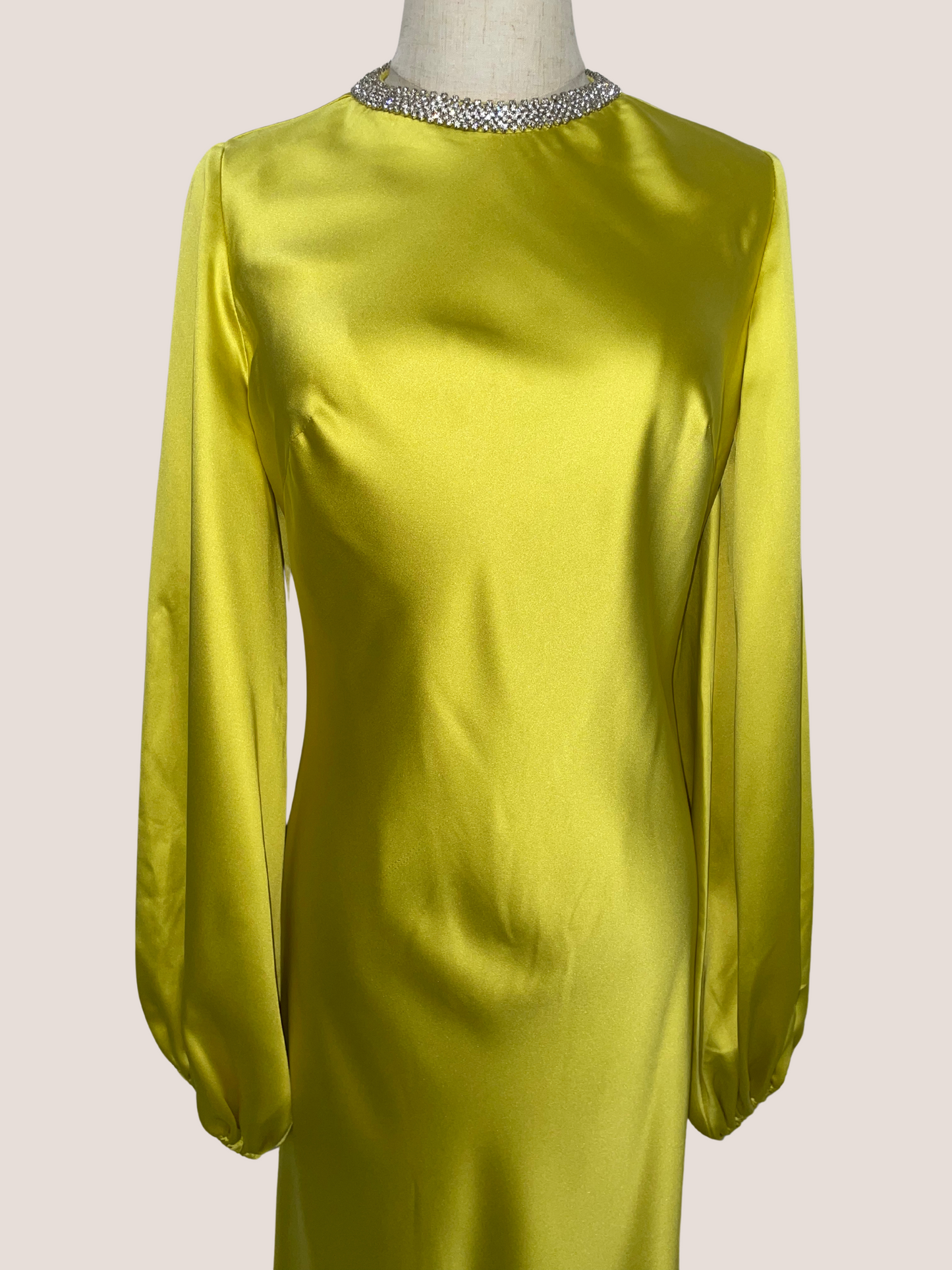 Satin Long Blouson Sleeve Evening Gown