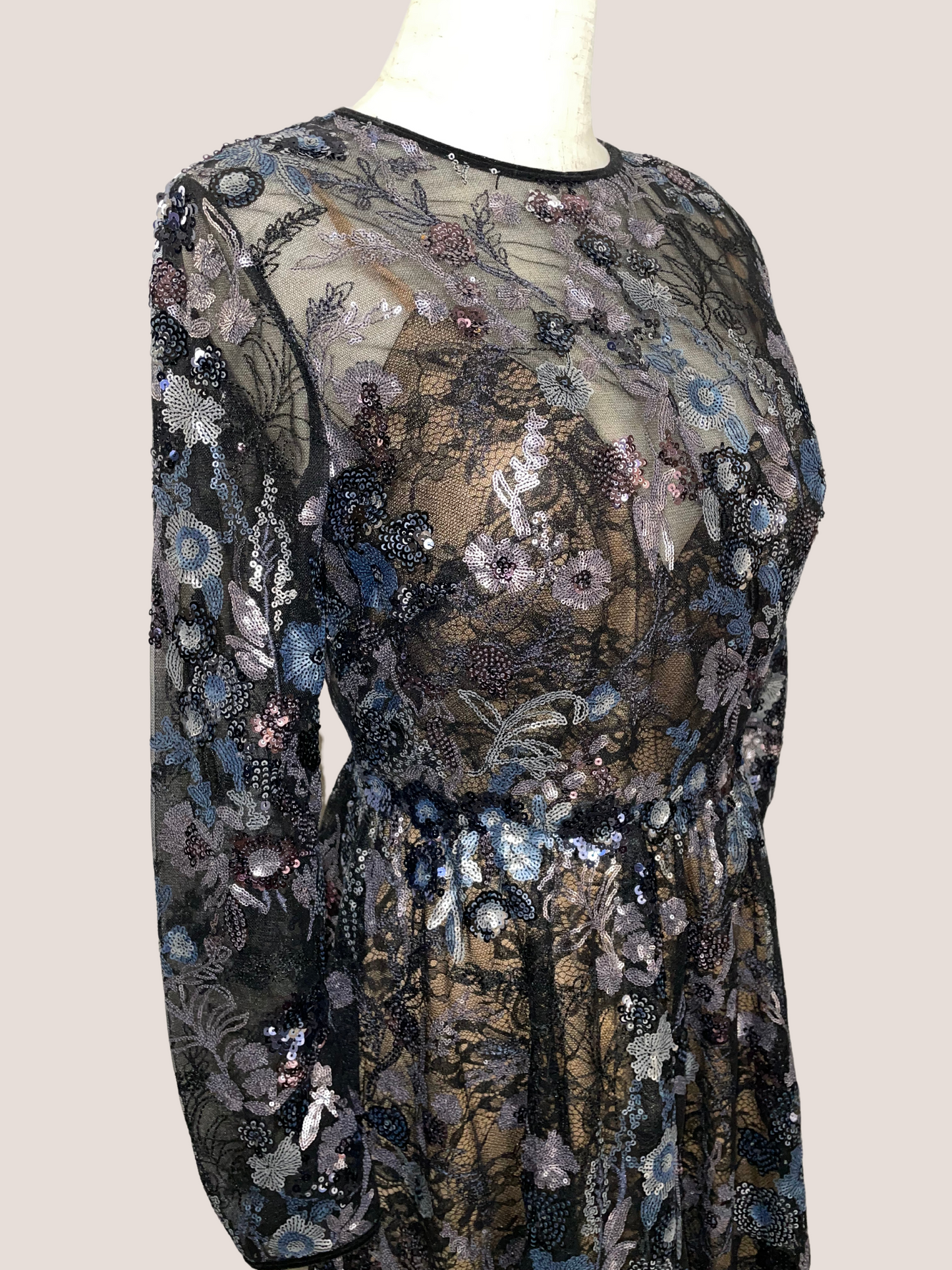 Embellished Illusion Long Sleeve Midi Dress