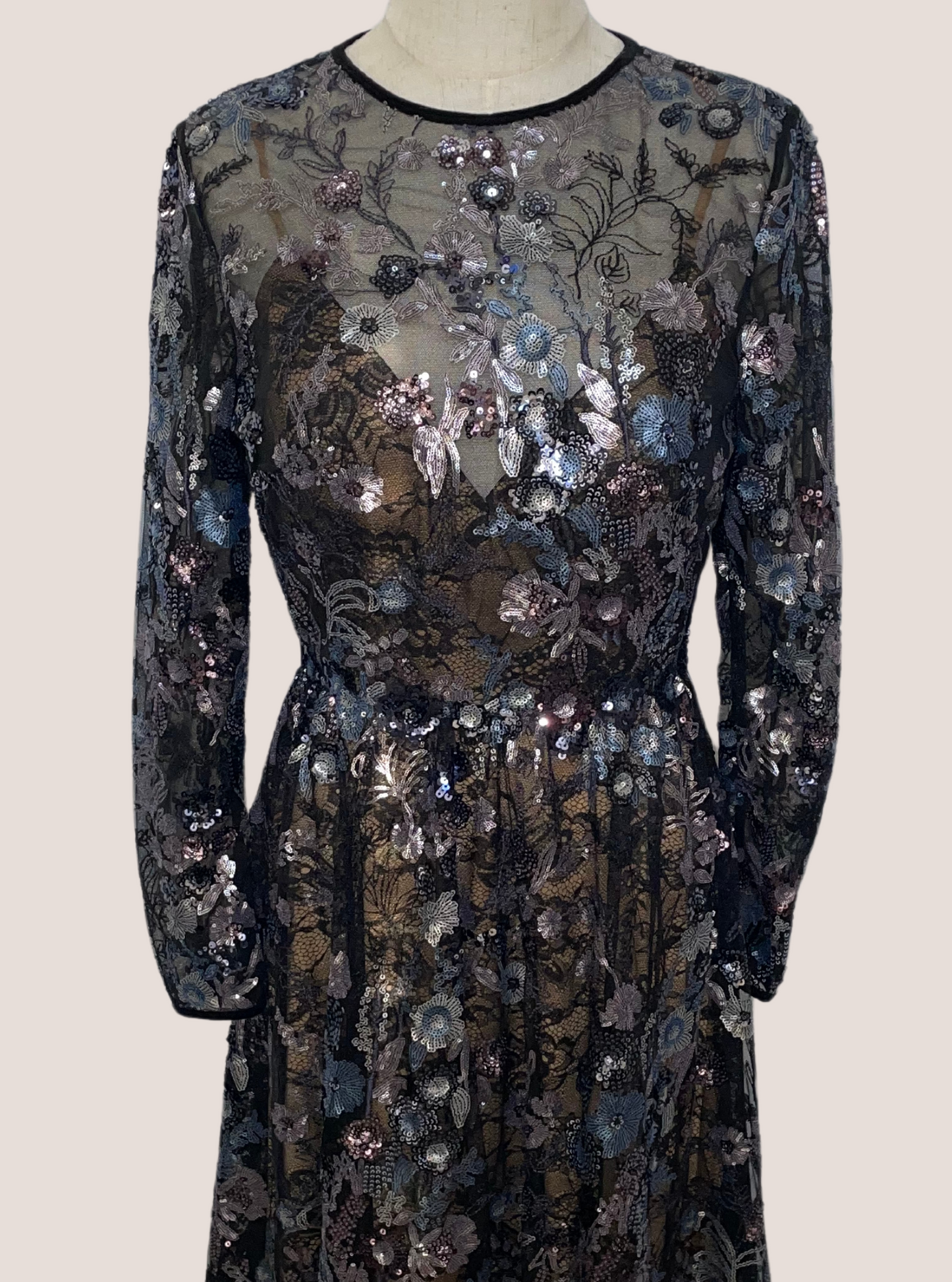 Embellished Illusion Long Sleeve Midi Dress