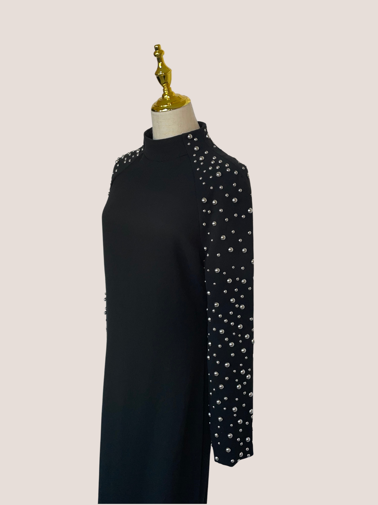 Sculpty Long-Sleeve Studded Mock-Neck Gown