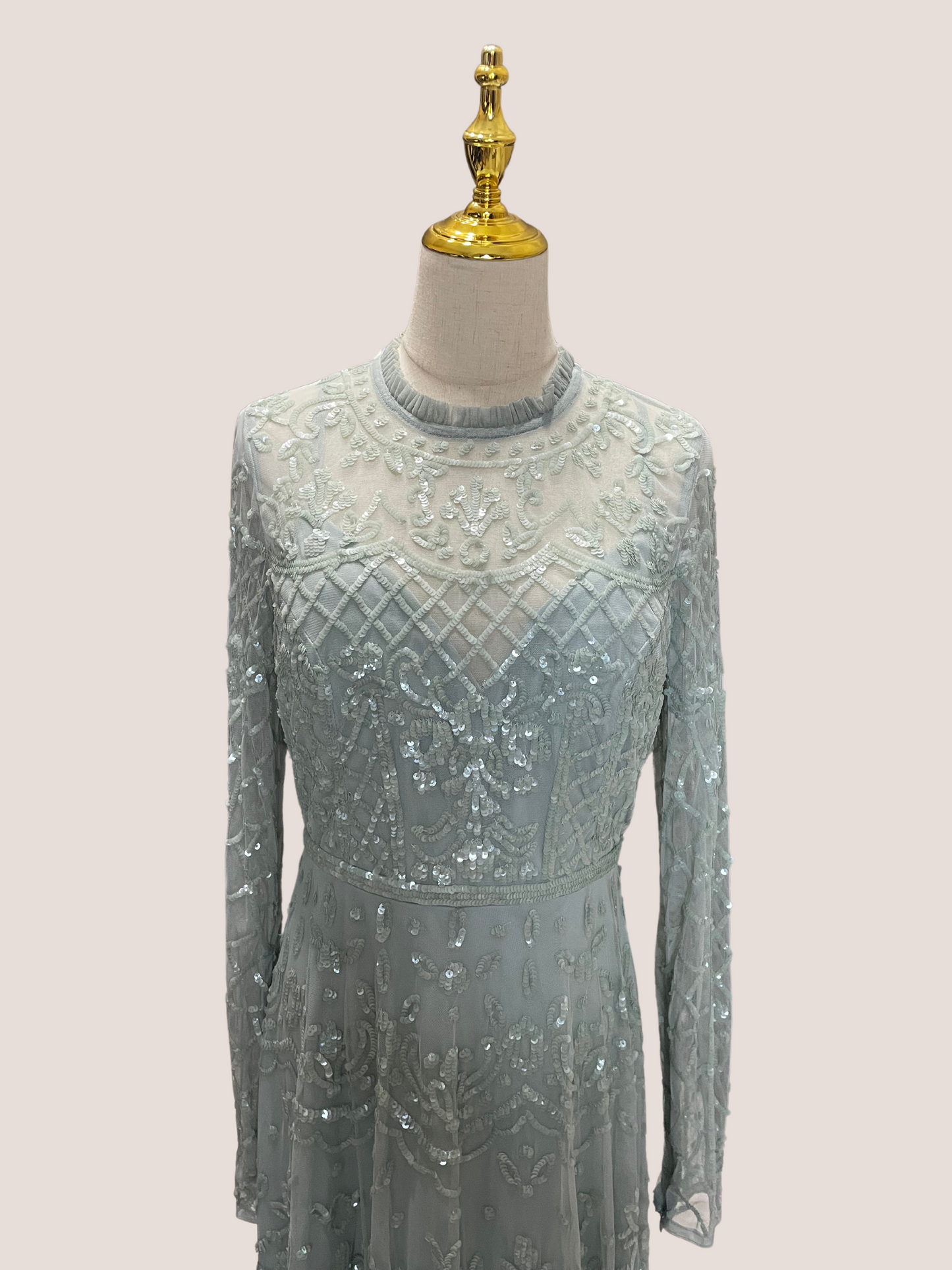 Sequined Illusion High Neck Long Sleeve Midi Dress