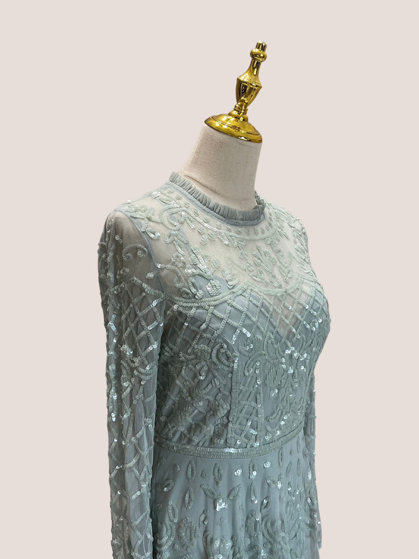 Sequined Illusion High Neck Long Sleeve Midi Dress