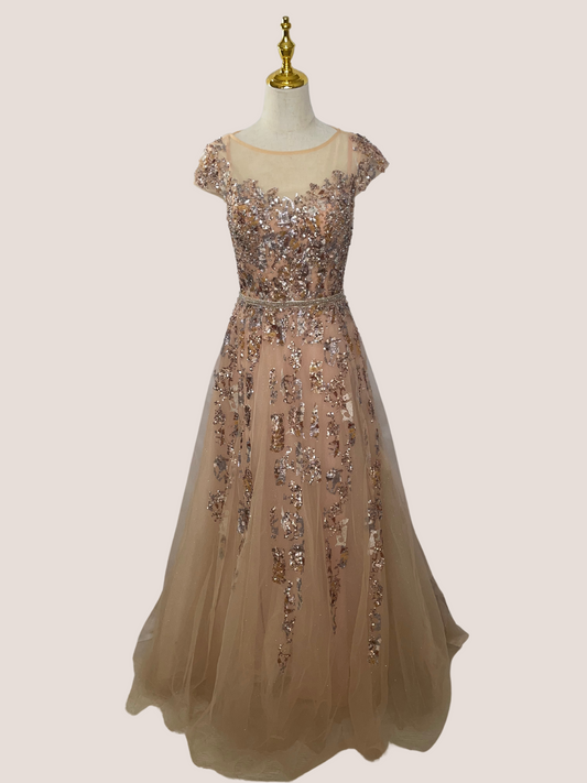 Embellished Cap Sleeve Cutout Back Gown