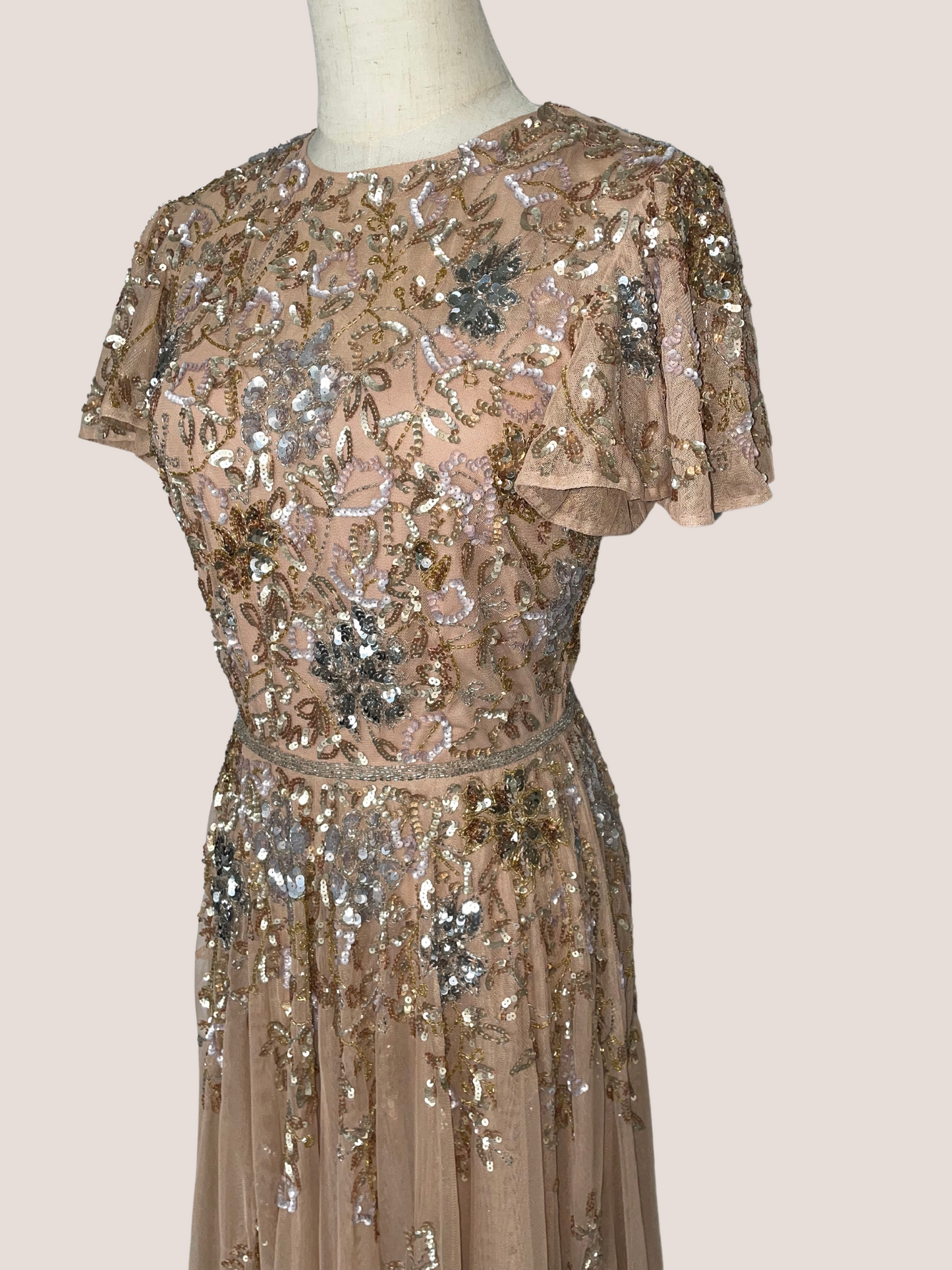 Embellished Butterfly Sleeve High Neck Gown