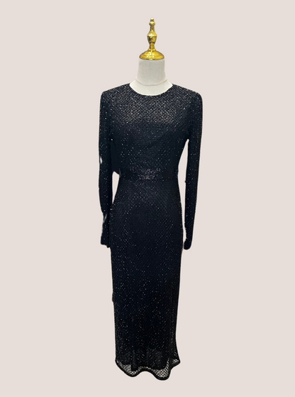 Long Sleeve Lattice Beaded Midi Cocktail Dress