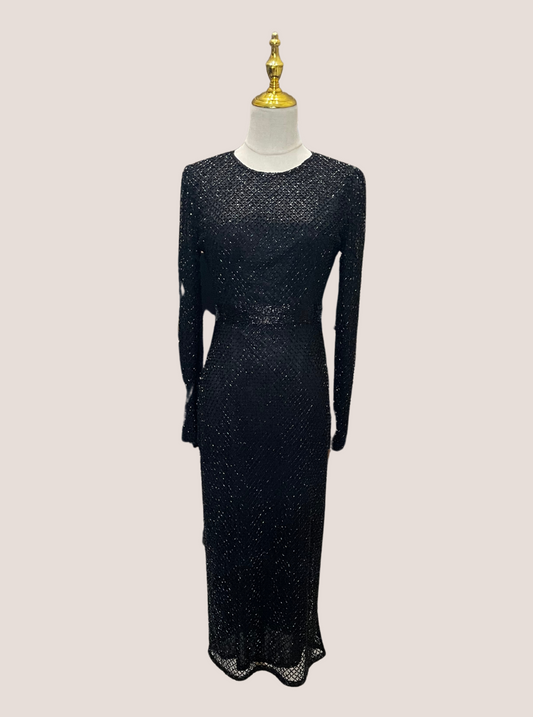 Long Sleeve Lattice Beaded Midi Cocktail Dress