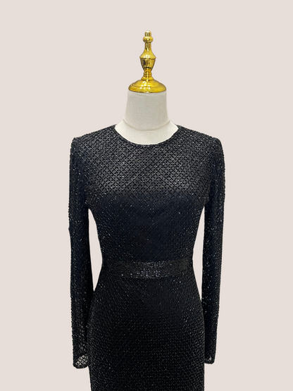 Long Sleeve Lattice Beaded Midi Cocktail Dress