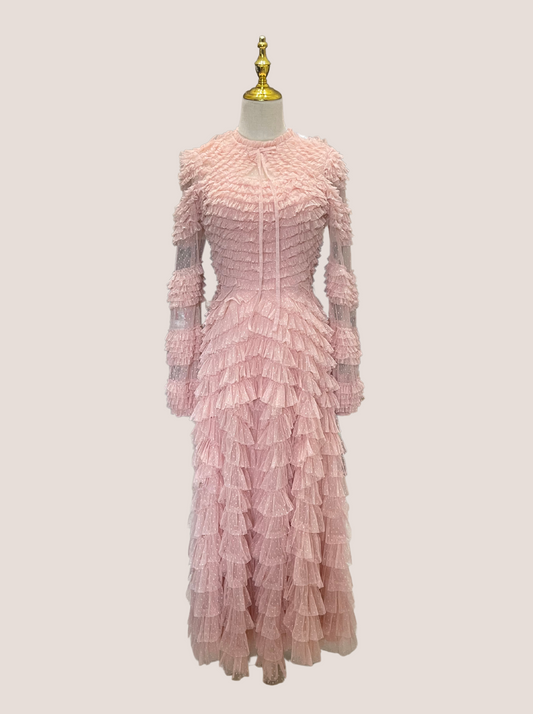 High Neck Puff Long Sleeve Ruffle Tiered Gown
