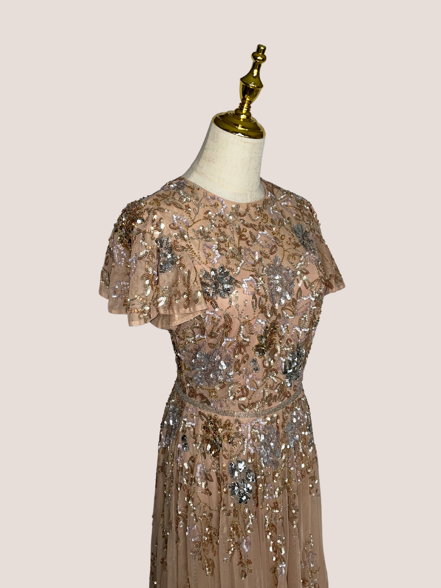 Embellished Butterfly Sleeve High Neck Gown