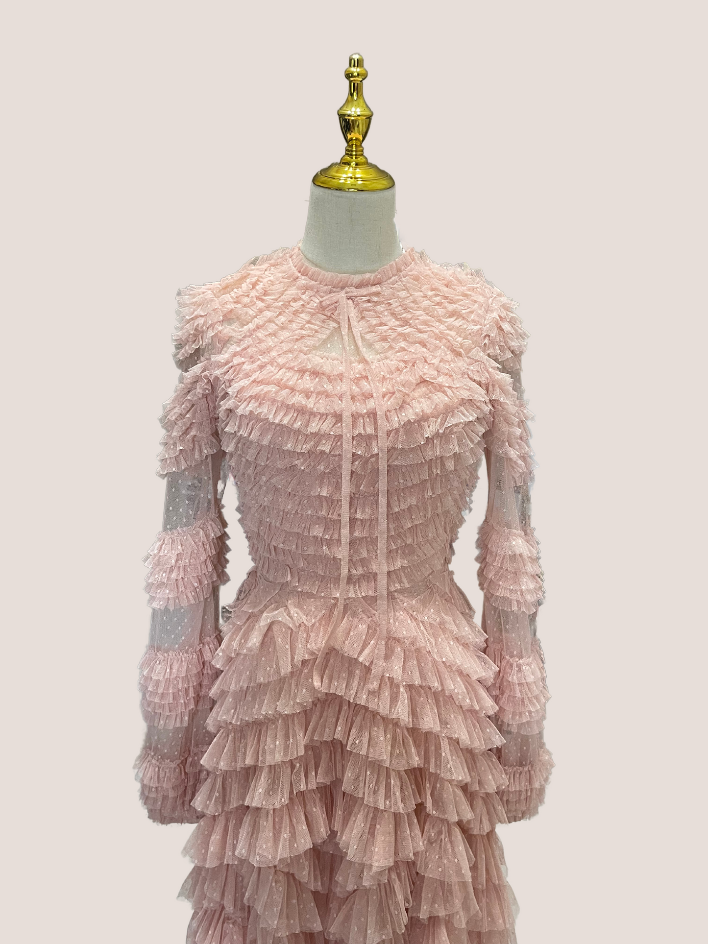 High Neck Puff Long Sleeve Ruffle Tiered Gown