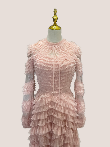 High Neck Puff Long Sleeve Ruffle Tiered Gown