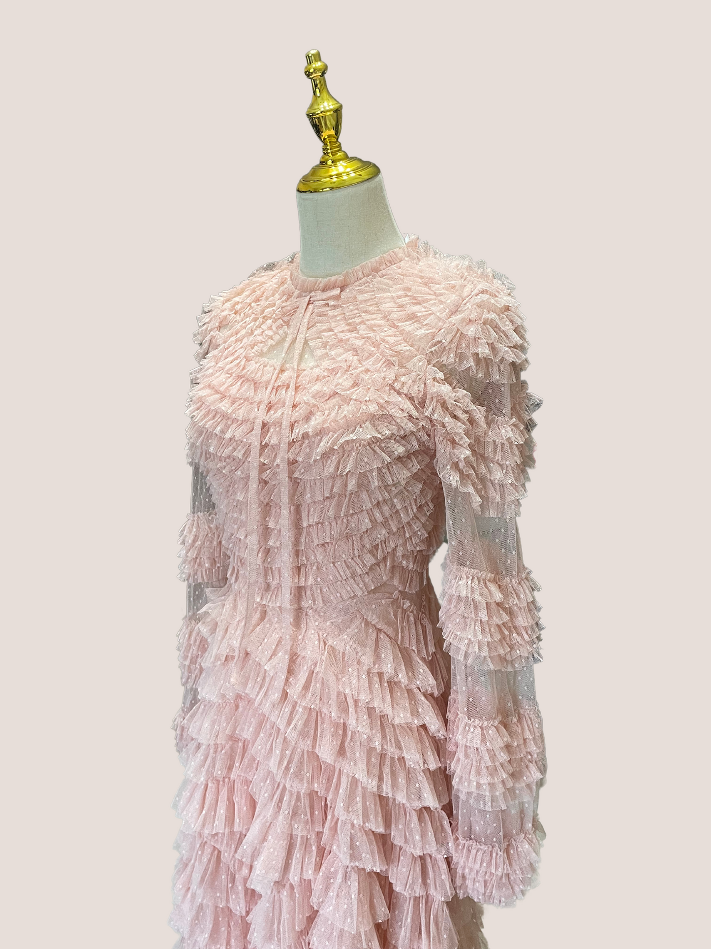 High Neck Puff Long Sleeve Ruffle Tiered Gown