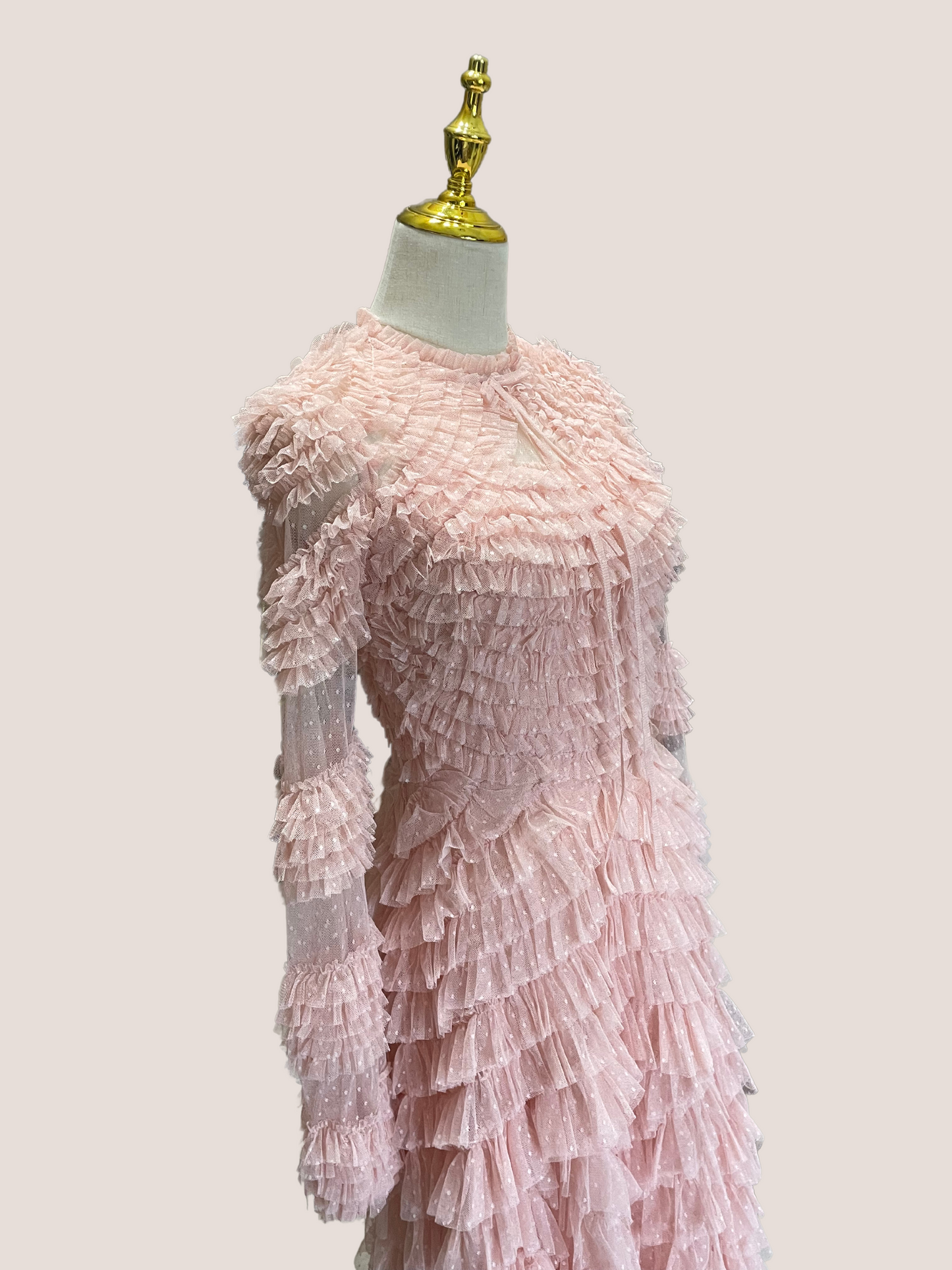 High Neck Puff Long Sleeve Ruffle Tiered Gown