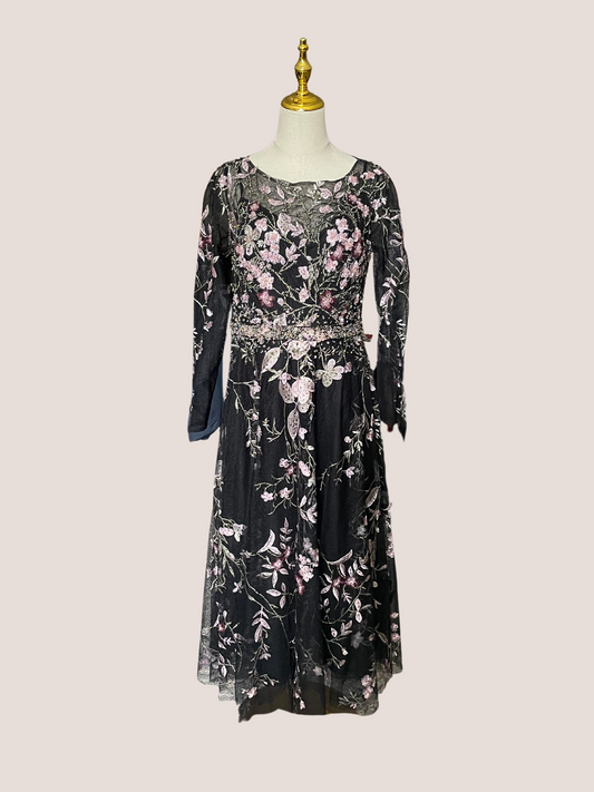 High Neck Long Sleeve Embroidered Dress